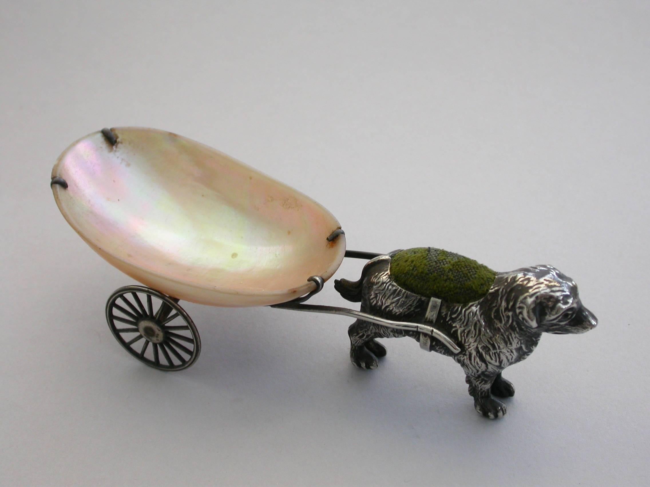 English George V Novelty Silver Dog Pulling a Cart Pin Cushion by Adie & Lovekin, 1922