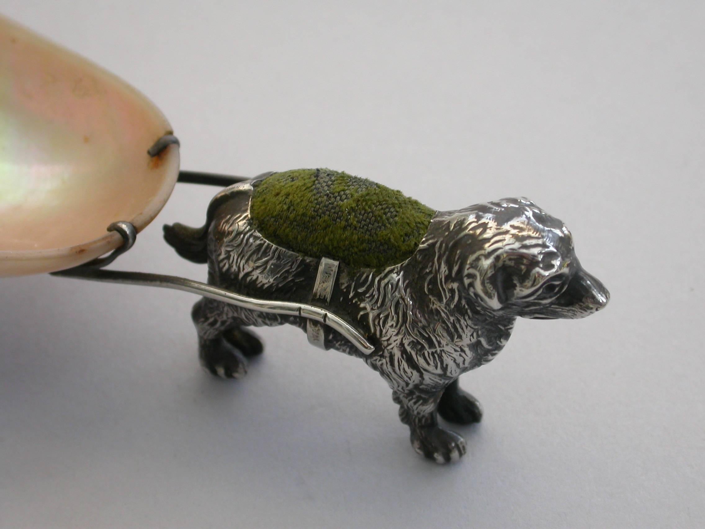 George V Novelty Silver Dog Pulling a Cart Pin Cushion by Adie & Lovekin, 1922 In Good Condition In Sittingbourne, Kent