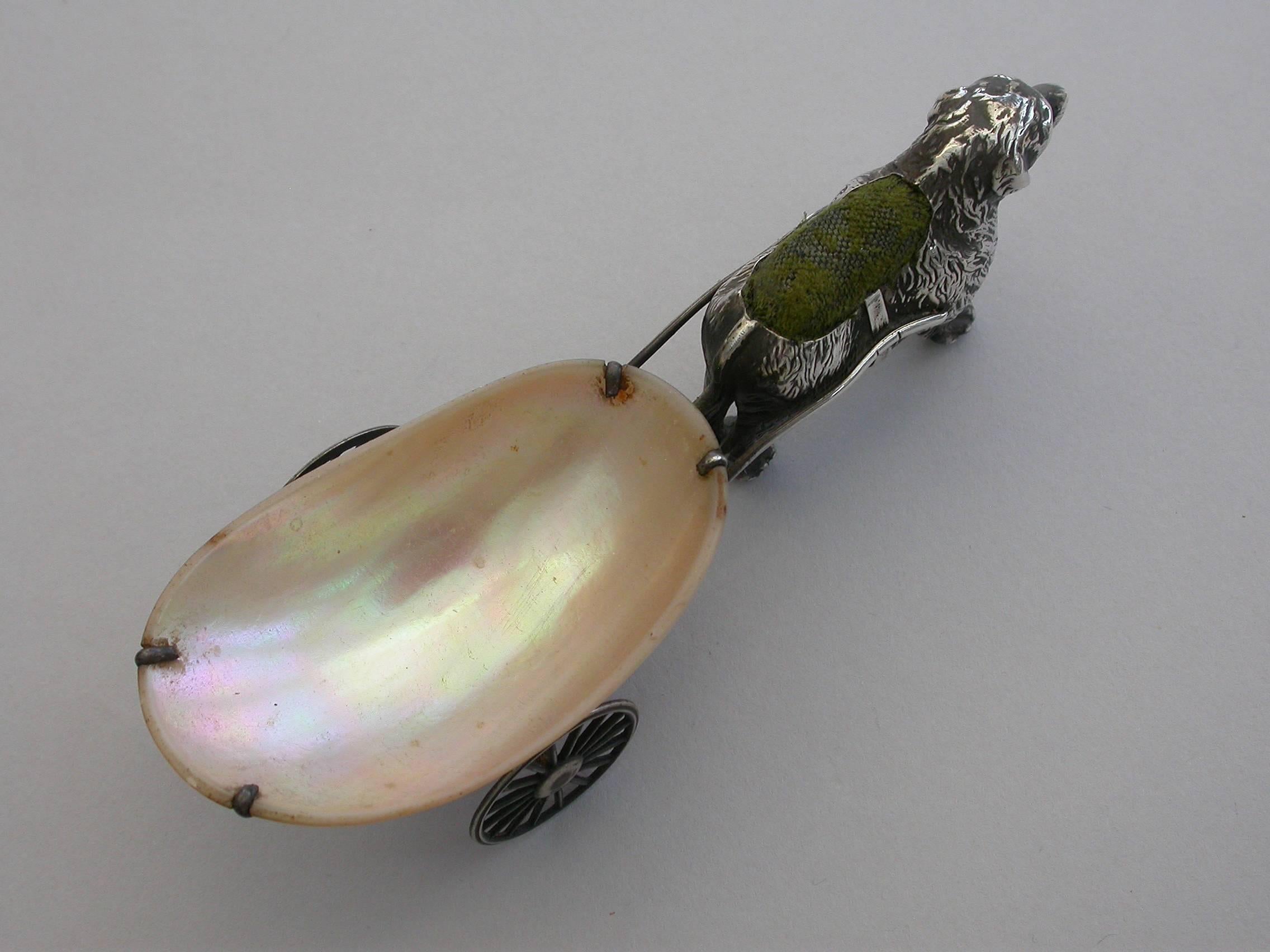 Early 20th Century George V Novelty Silver Dog Pulling a Cart Pin Cushion by Adie & Lovekin, 1922