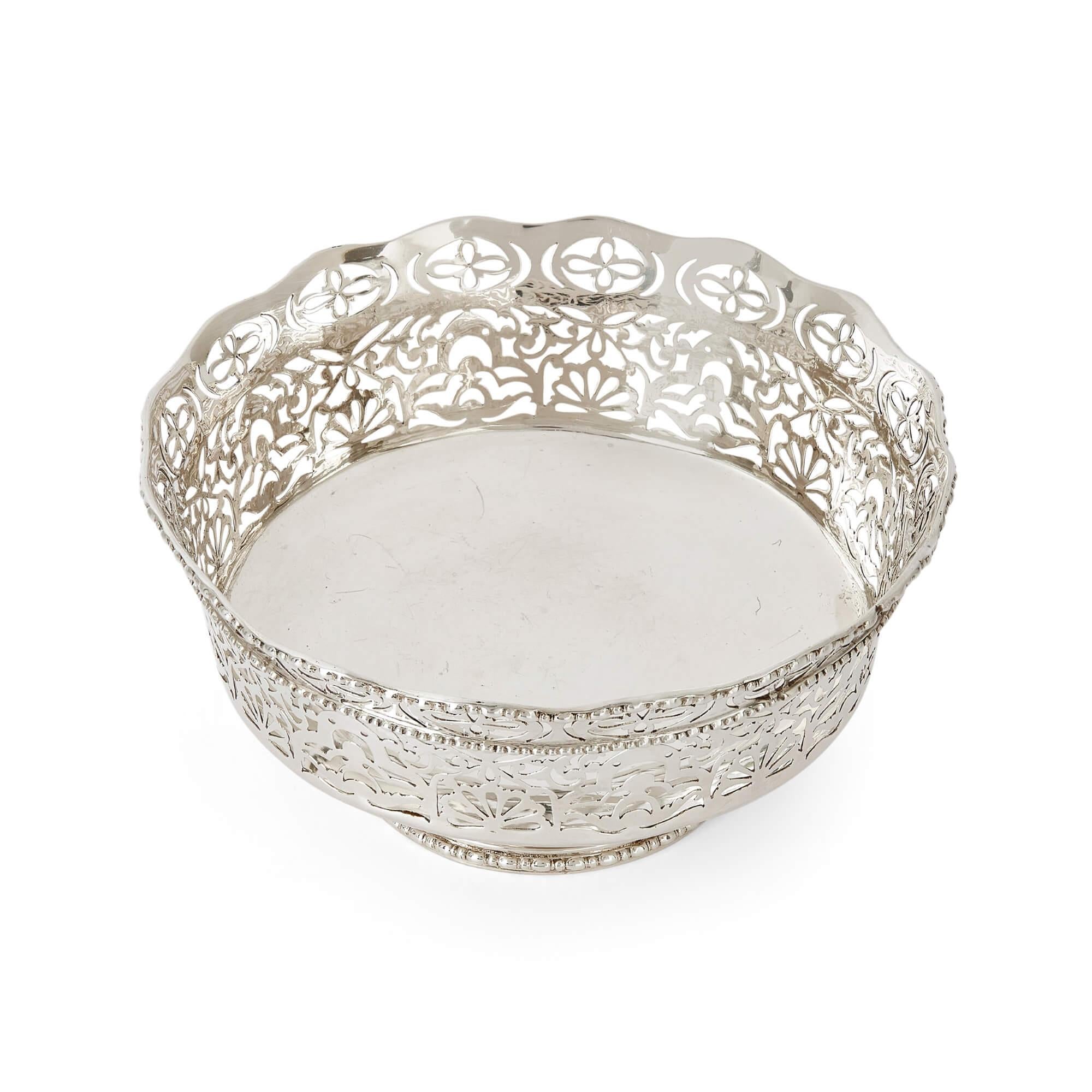George V openwork round silver bowl 
English, 1931
Height 8cm, diameter 16cm

Crafted by the Chester-based firm of Solomon Blanckensee & Son in 1931, this silver bowl exhibits the elegance and style that was characteristic of silver making in the