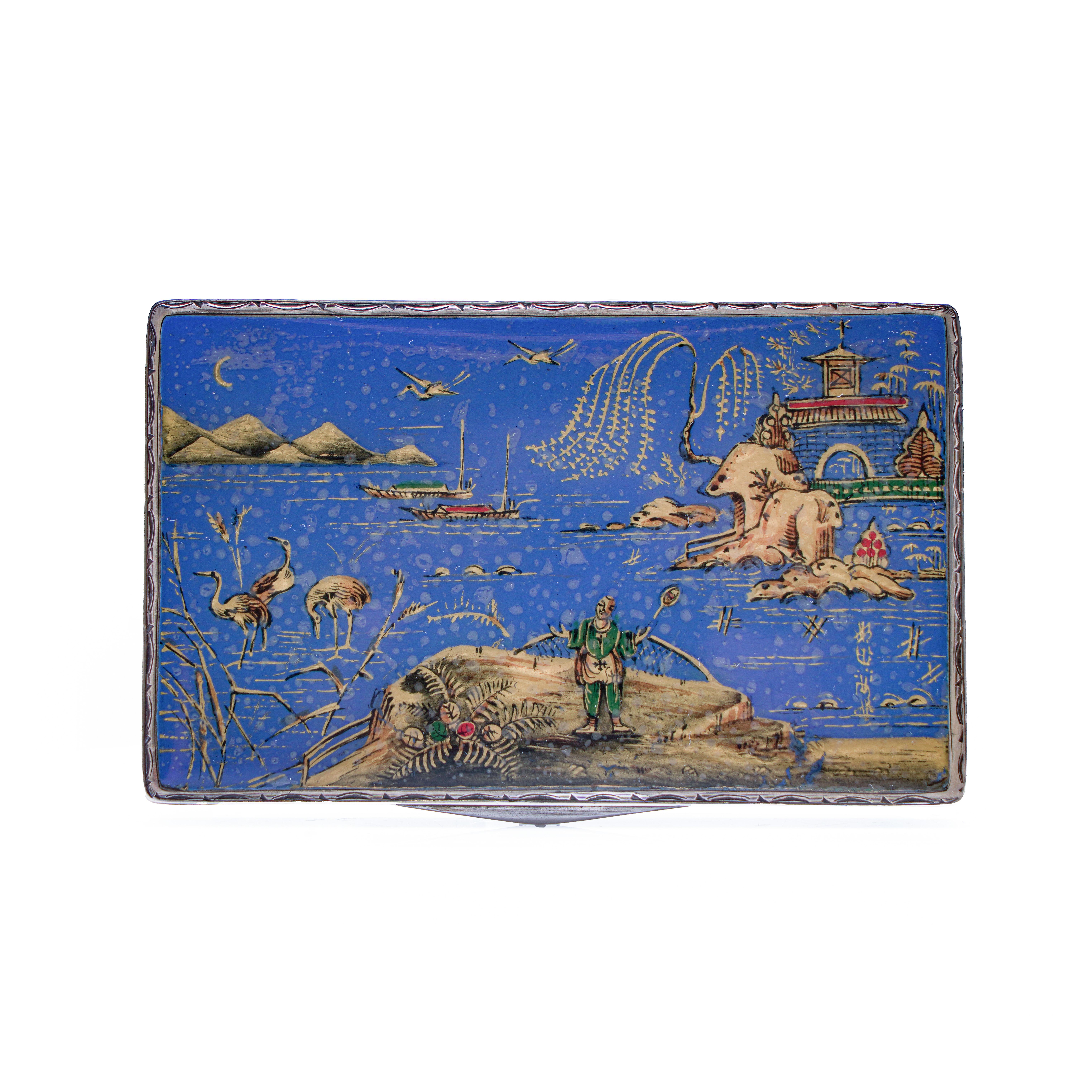 Inizio XX secolo Tabacchiera Chinoiserie in argento e smalto George V di Henry Clifford Davis, 1926 in vendita