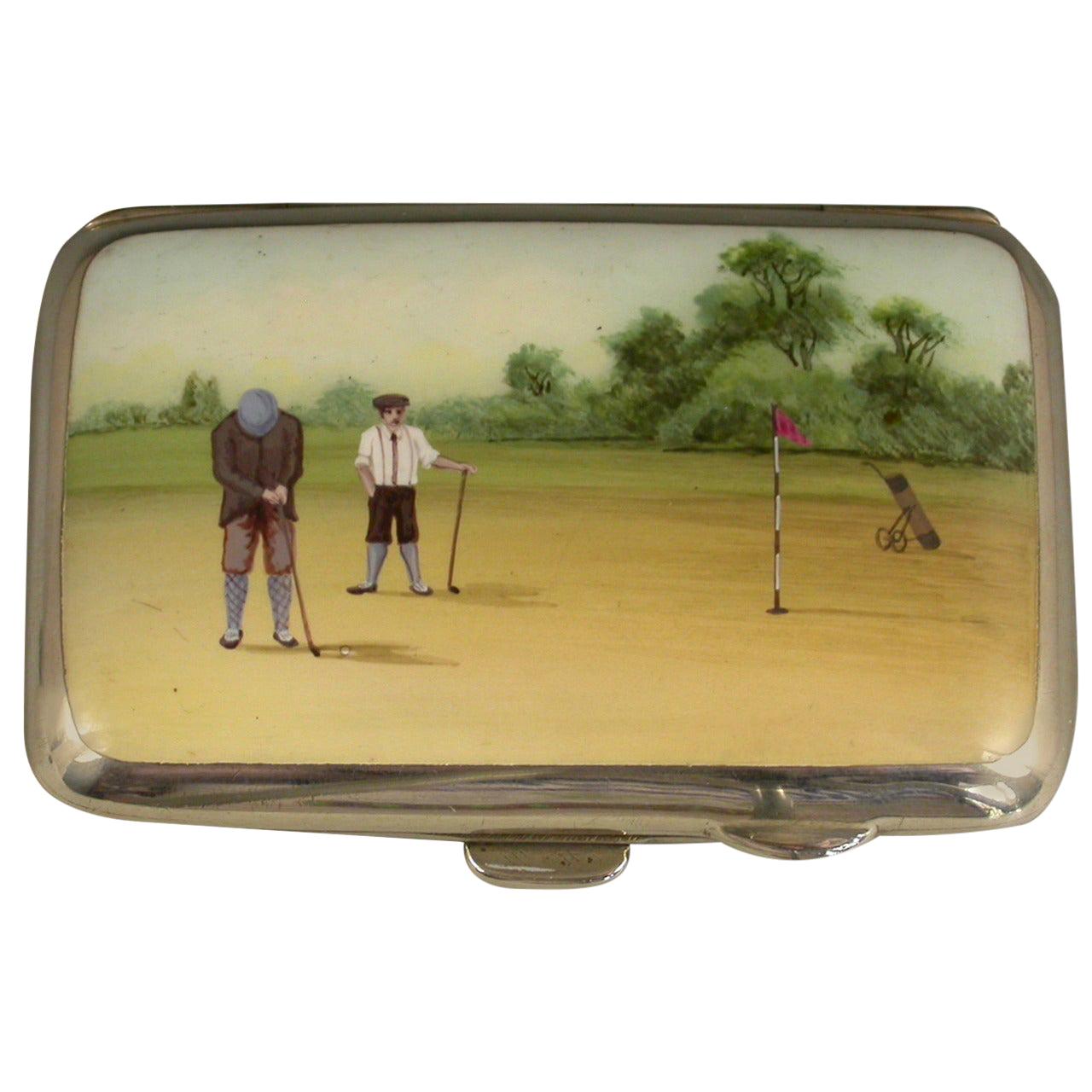 George V Silver and Enamel Golfing Scene Cigarette Case, by Joseph Gloster, 1915 For Sale