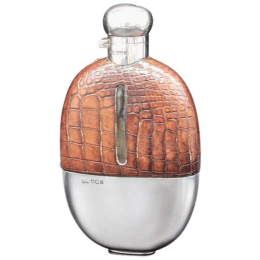 George V Silver and Glass Crocodile Skin Hip Flask with Detachable Stirrup Cup For Sale