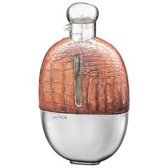 George V Silver and Glass Crocodile Skin Hip Flask with Detachable Stirrup Cup