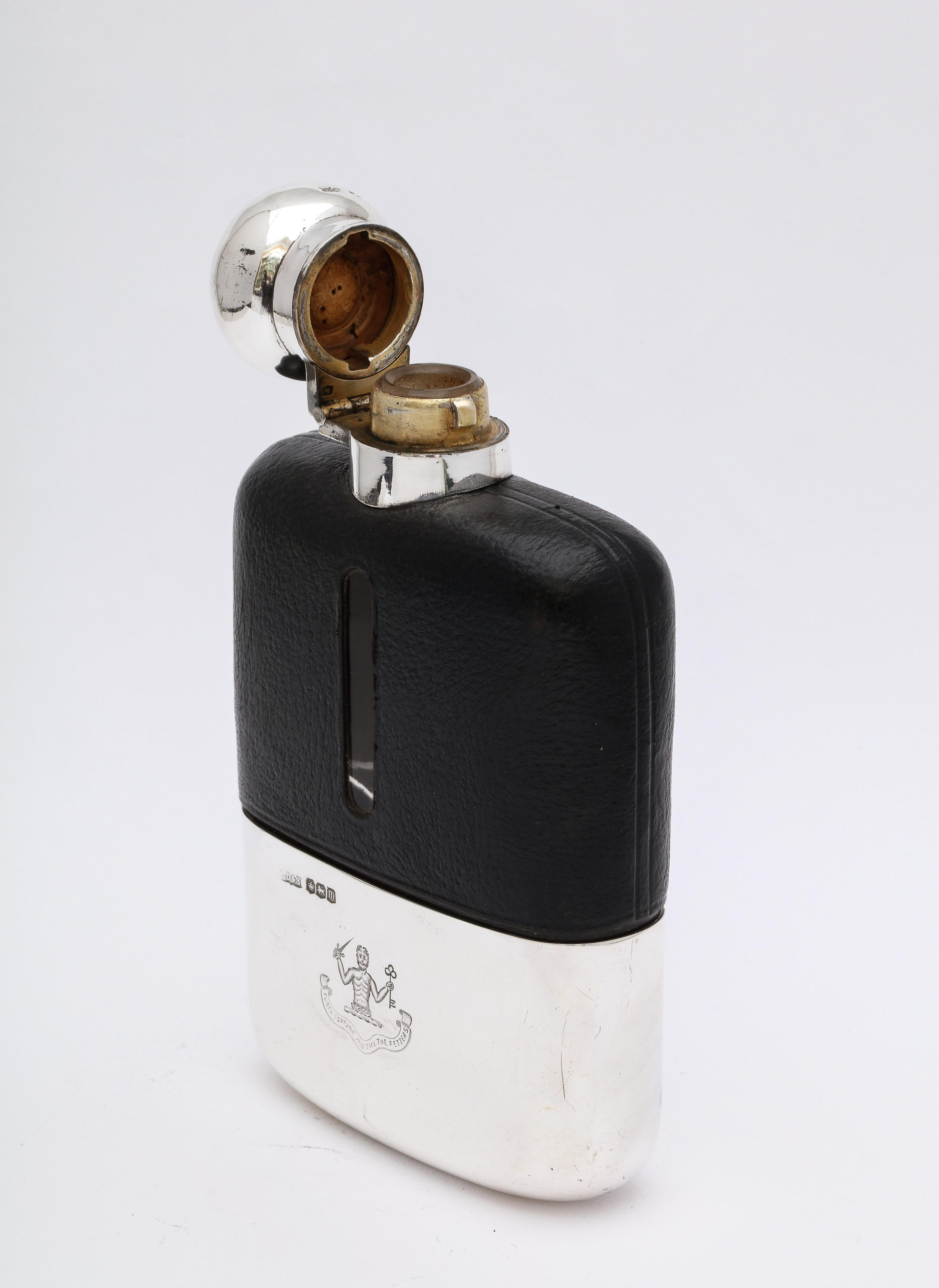 George V Sterling Silver and Leather-Mounted Glass Flask with Hinged Lid 4