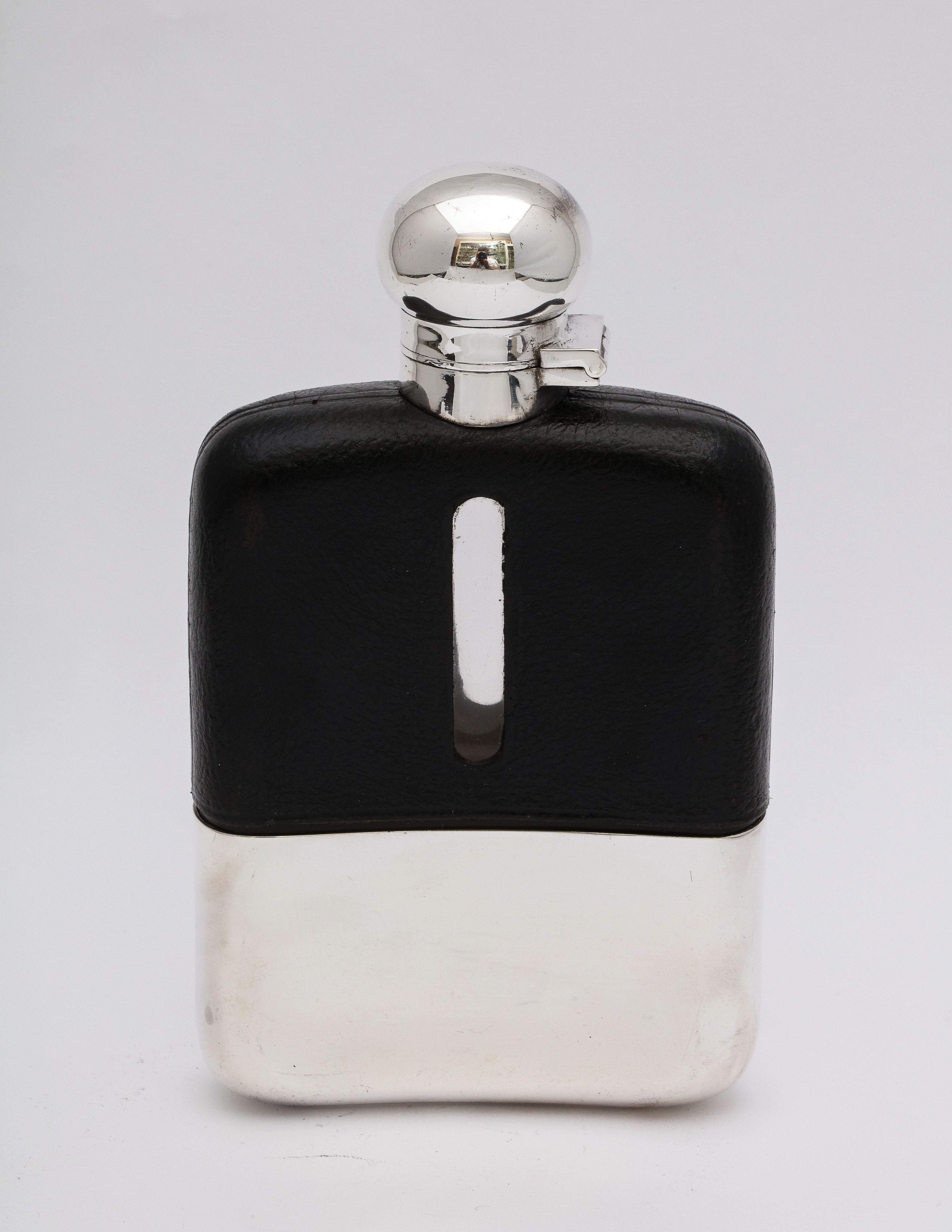 Edwardian George V Sterling Silver and Leather-Mounted Glass Flask with Hinged Lid