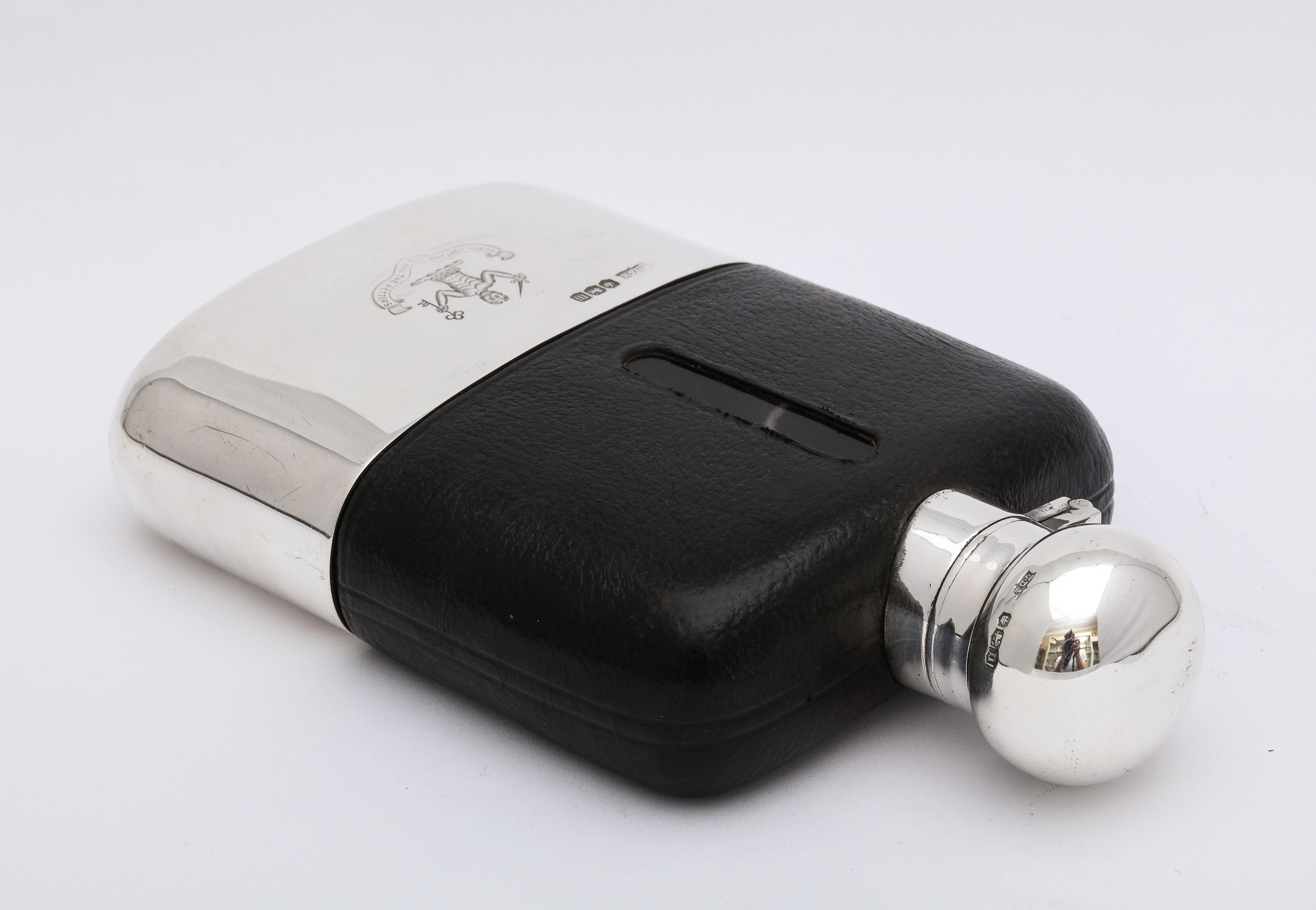 English George V Sterling Silver and Leather-Mounted Glass Flask with Hinged Lid