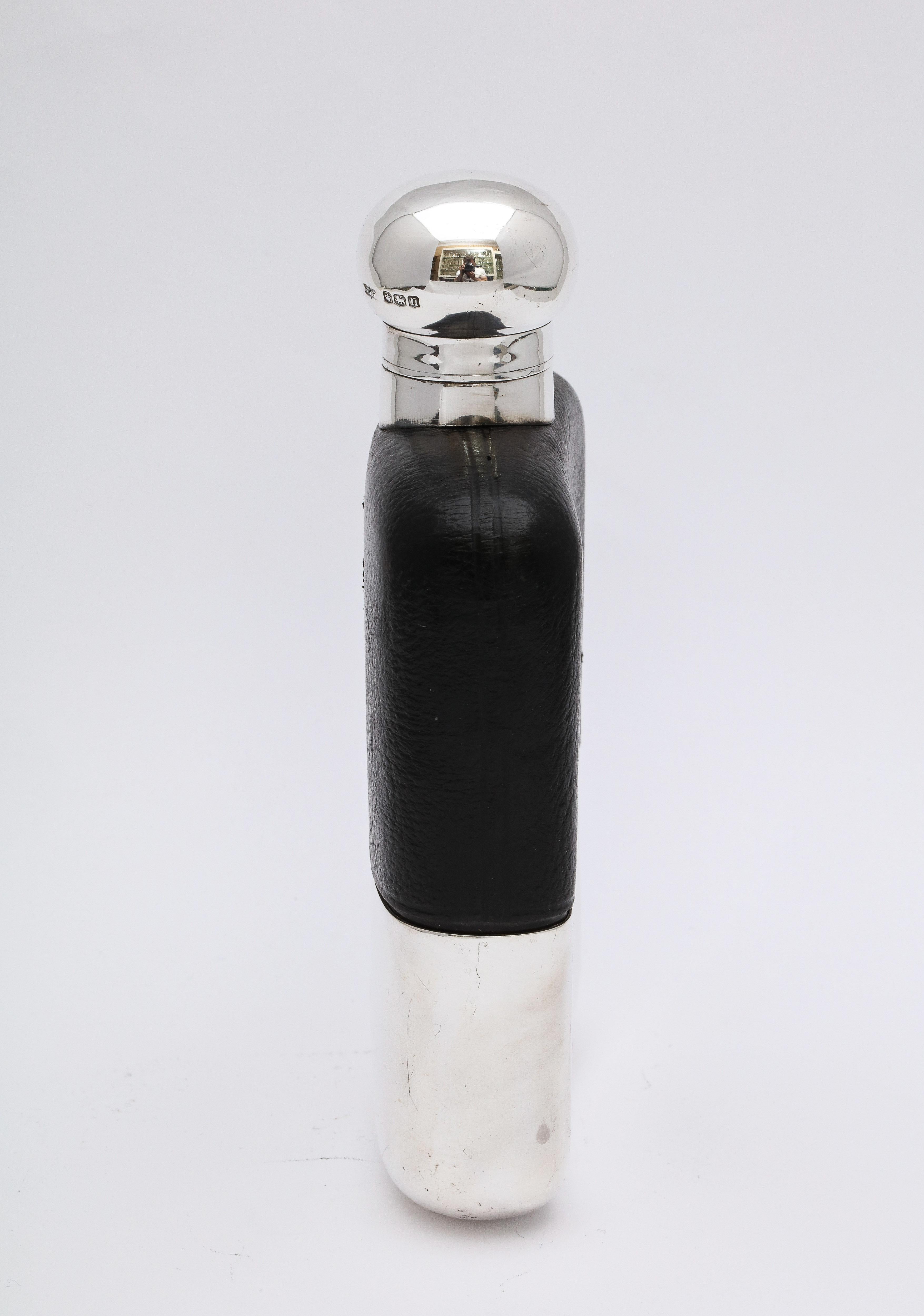 George V Sterling Silver and Leather-Mounted Glass Flask with Hinged Lid 1