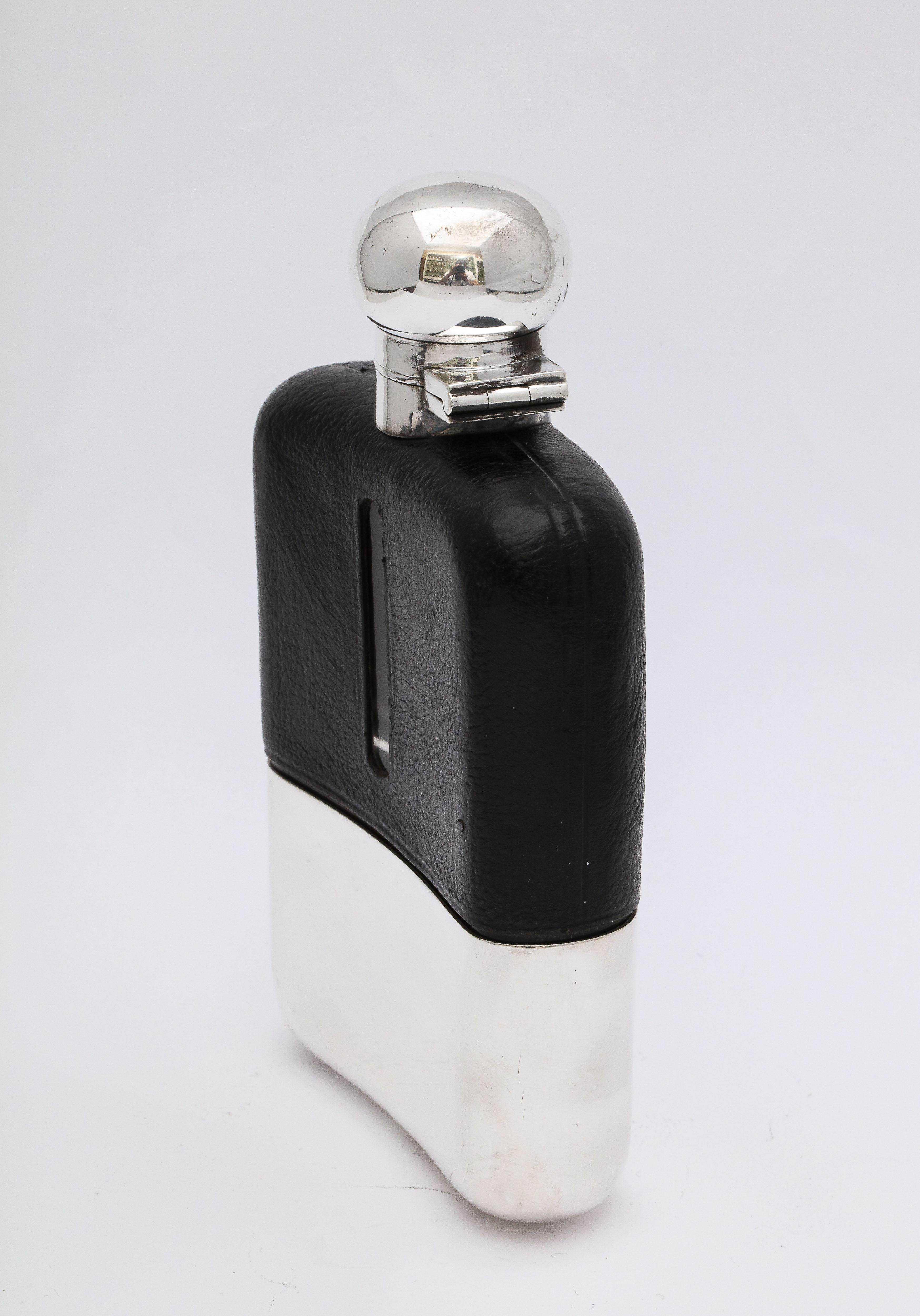 George V Sterling Silver and Leather-Mounted Glass Flask with Hinged Lid 3
