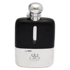 Used George V Sterling Silver and Leather-Mounted Glass Flask with Hinged Lid