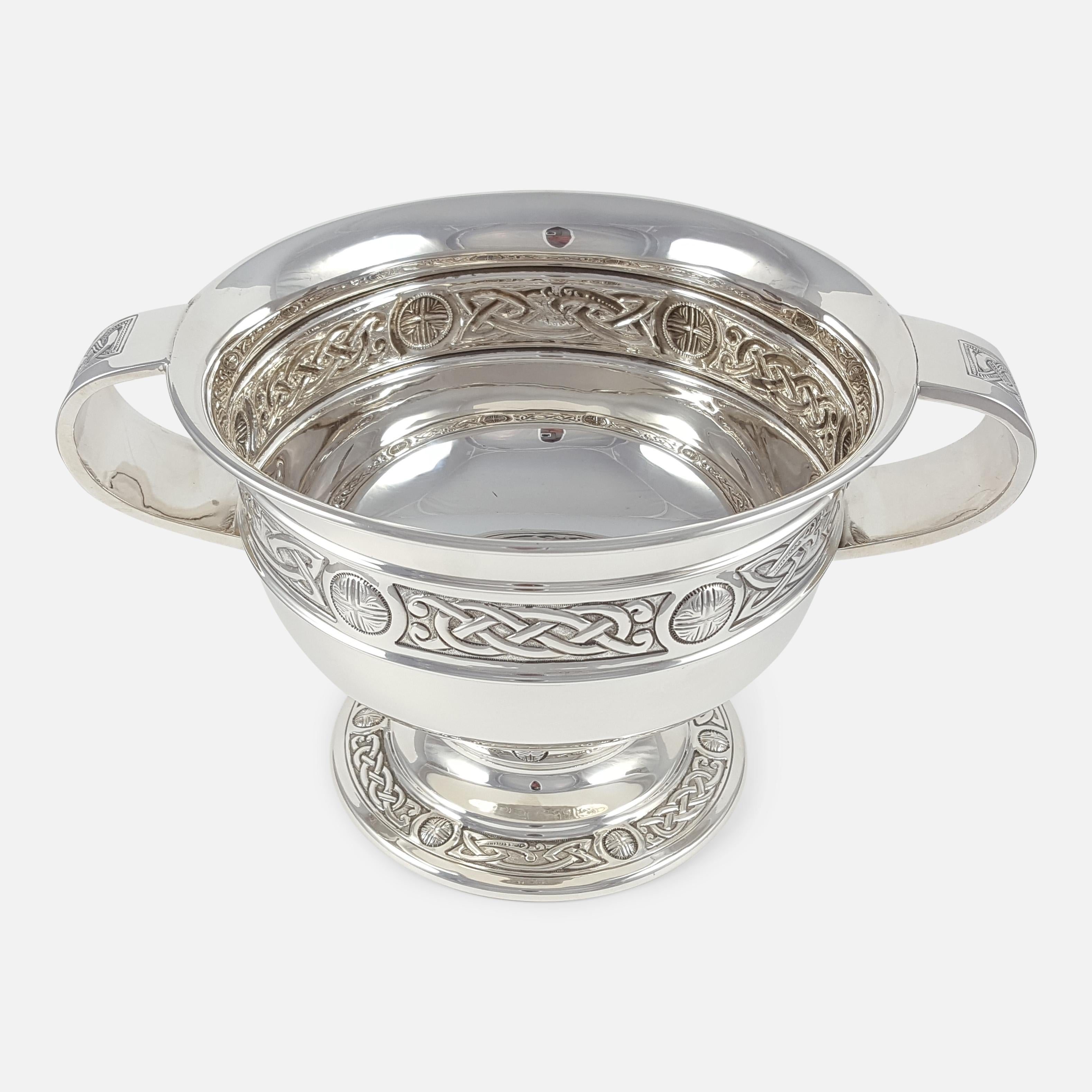 British George V Sterling Silver Celtic Revival Twin-Handled Bowl, 1935