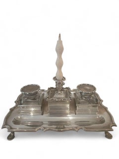 George V Sterling Silver & Crystal Desk Inkwell