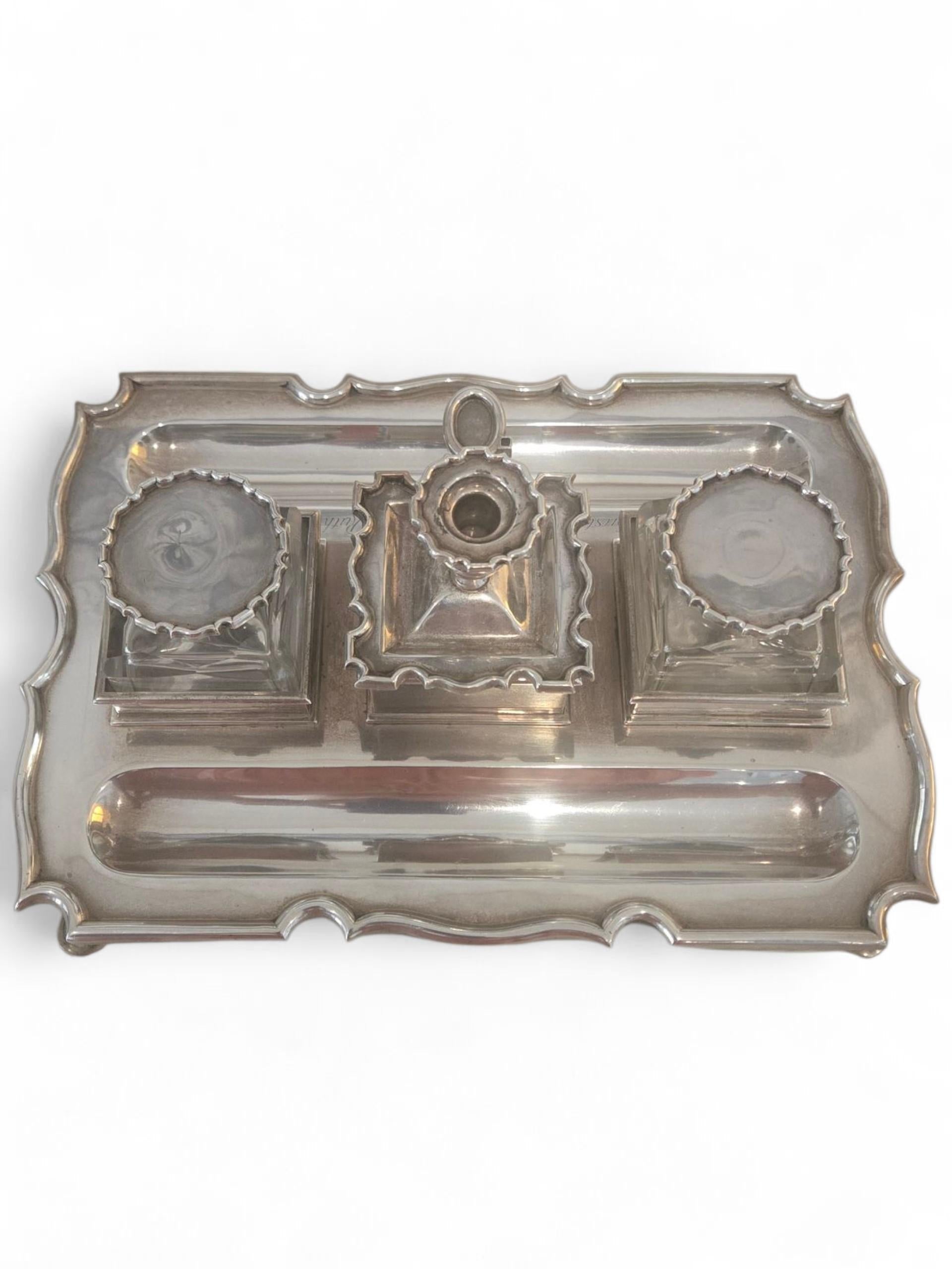 Georgiano Calamaio da scrivania George V in argento sterling e cristallo in vendita