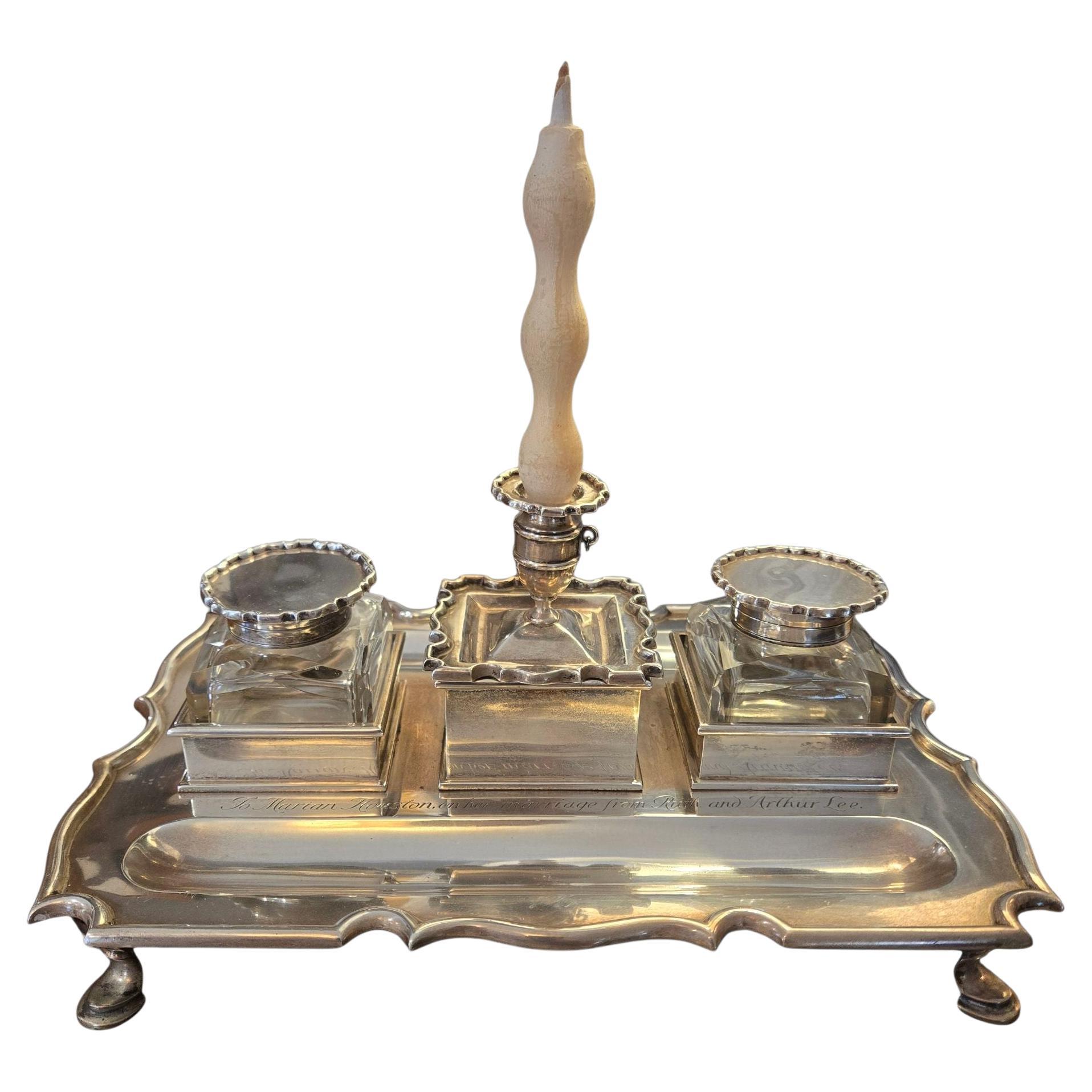 Calamaio da scrivania George V in argento sterling e cristallo in vendita