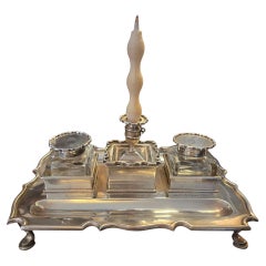 George V Sterling Silver & Crystal Desk Inkwell