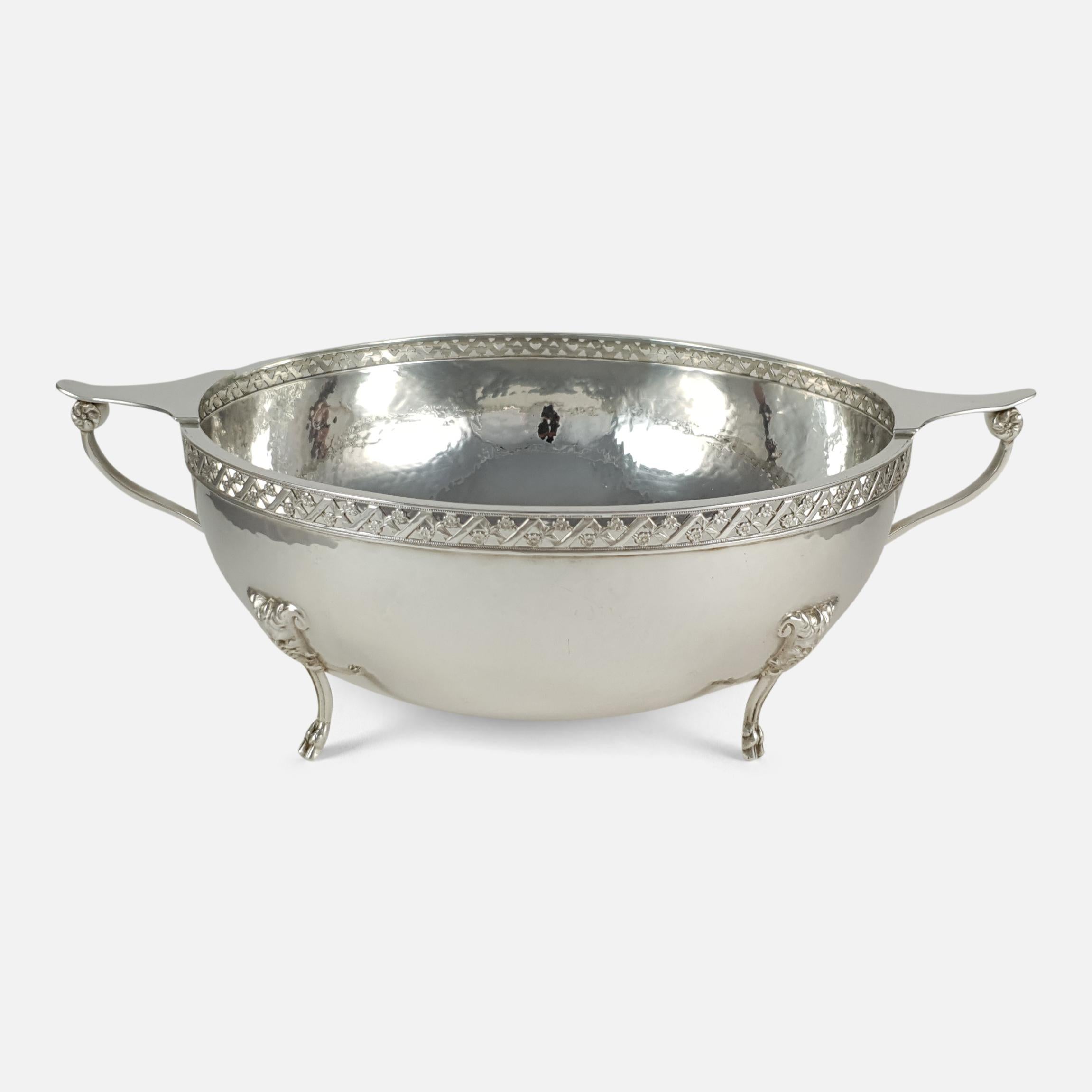 Arts and Crafts George V Sterling Silver Hammered Twin-Handled Bowl, London, 1933 For Sale