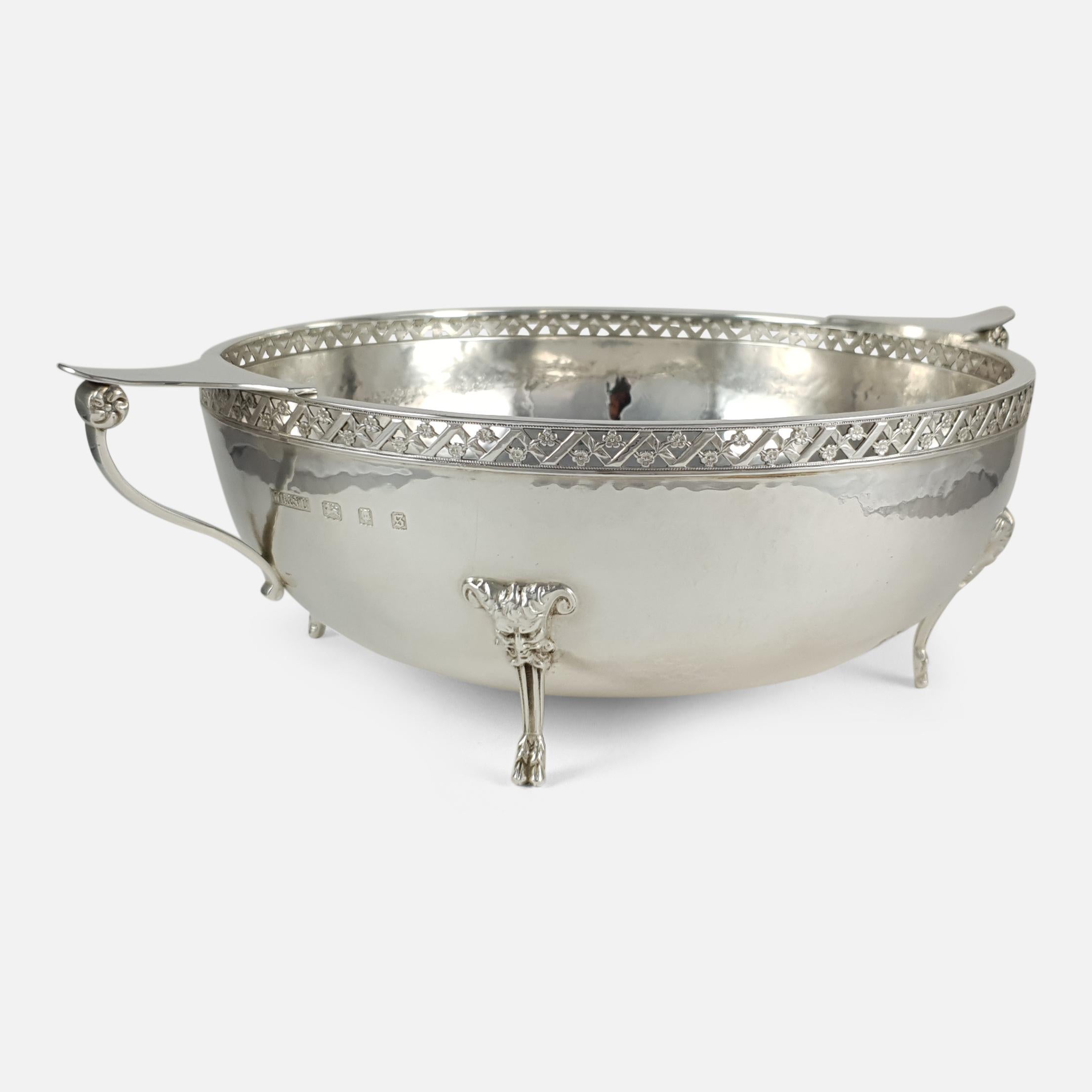 British George V Sterling Silver Hammered Twin-Handled Bowl, London, 1933 For Sale