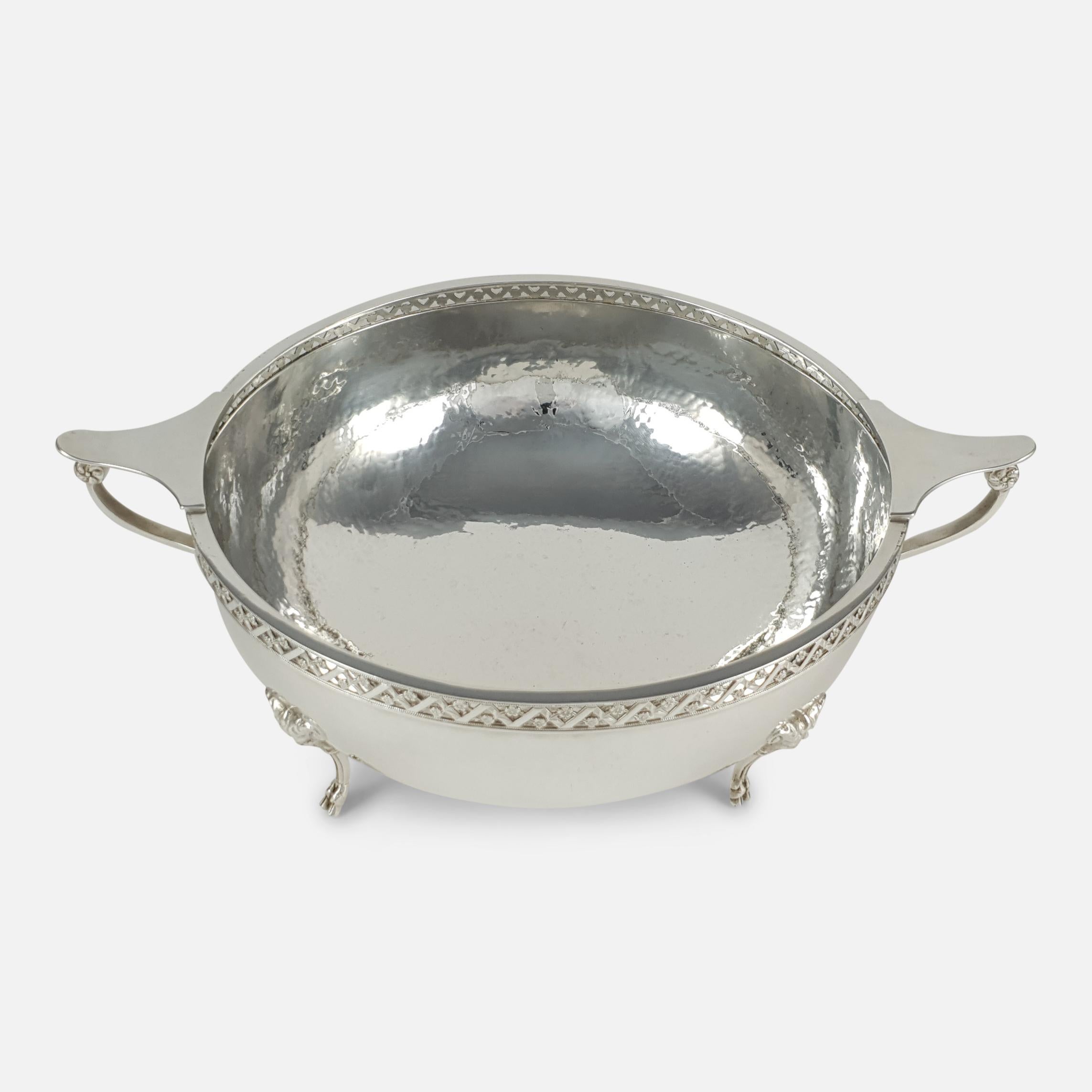 George V Sterling Silver Hammered Twin-Handled Bowl, London, 1933 For Sale 2