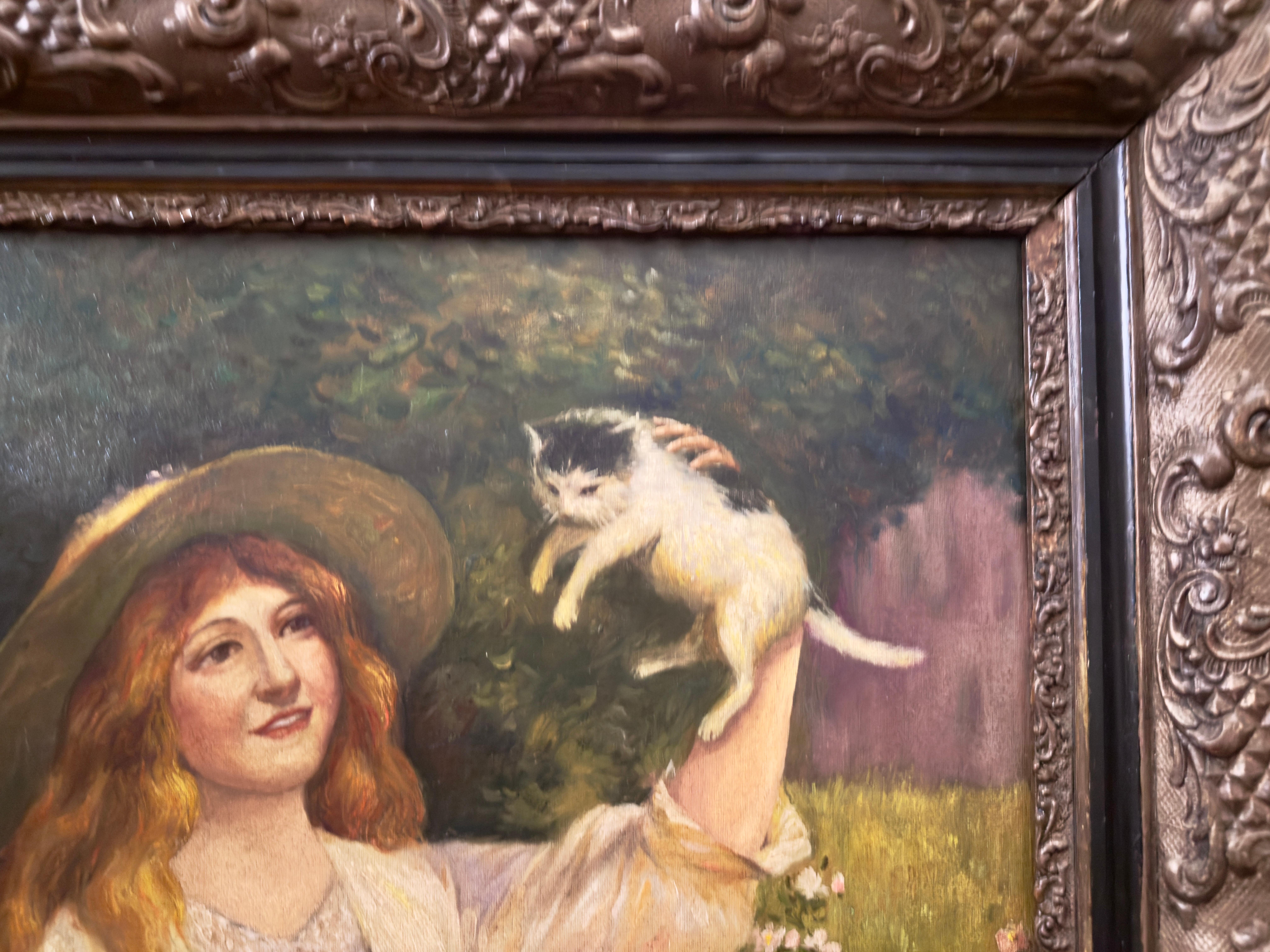 Jeune femme avec un panier de chatons, journée d'été, 19e siècle en vente 5