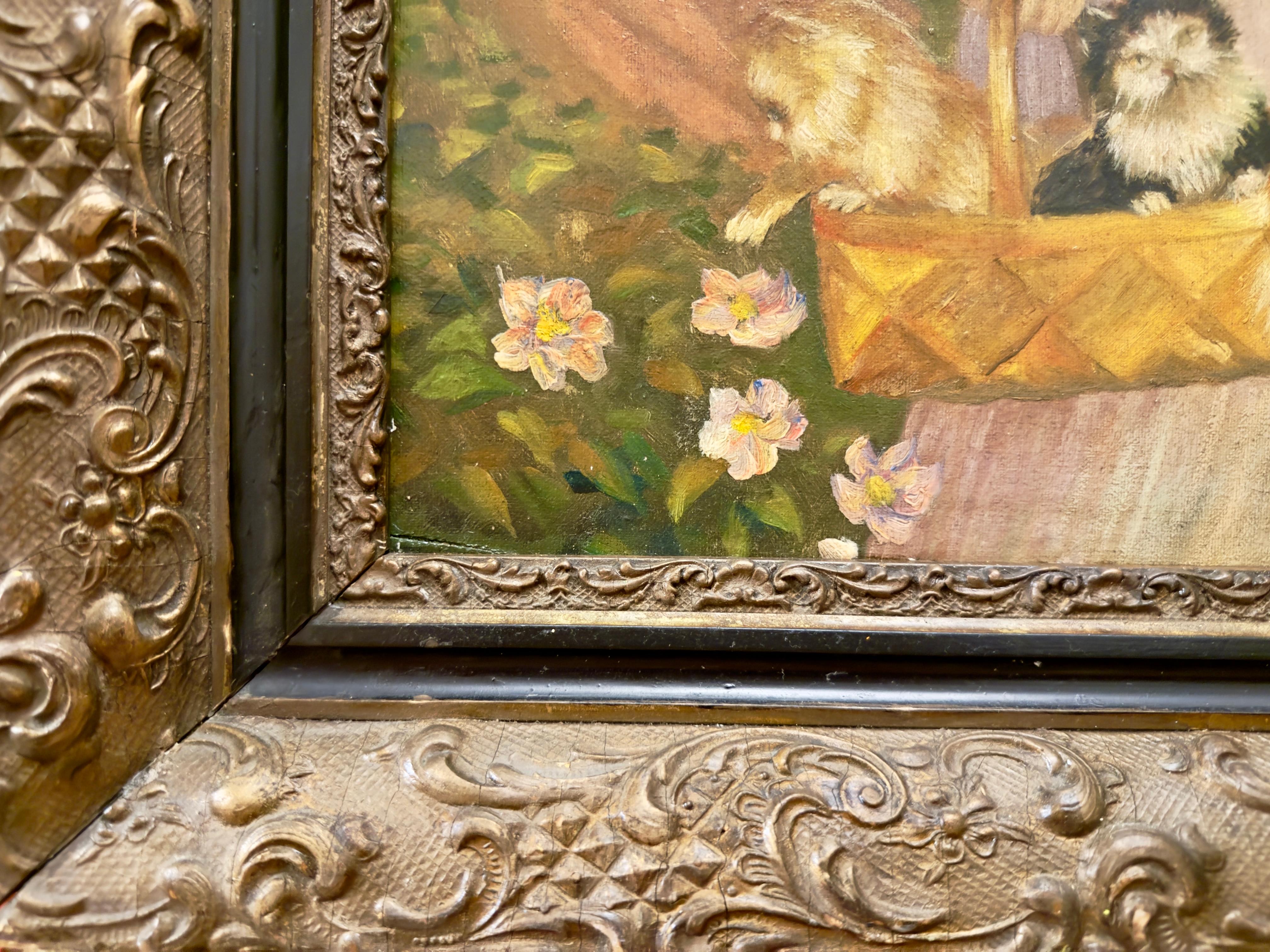 Jeune femme avec un panier de chatons, journée d'été, 19e siècle en vente 6