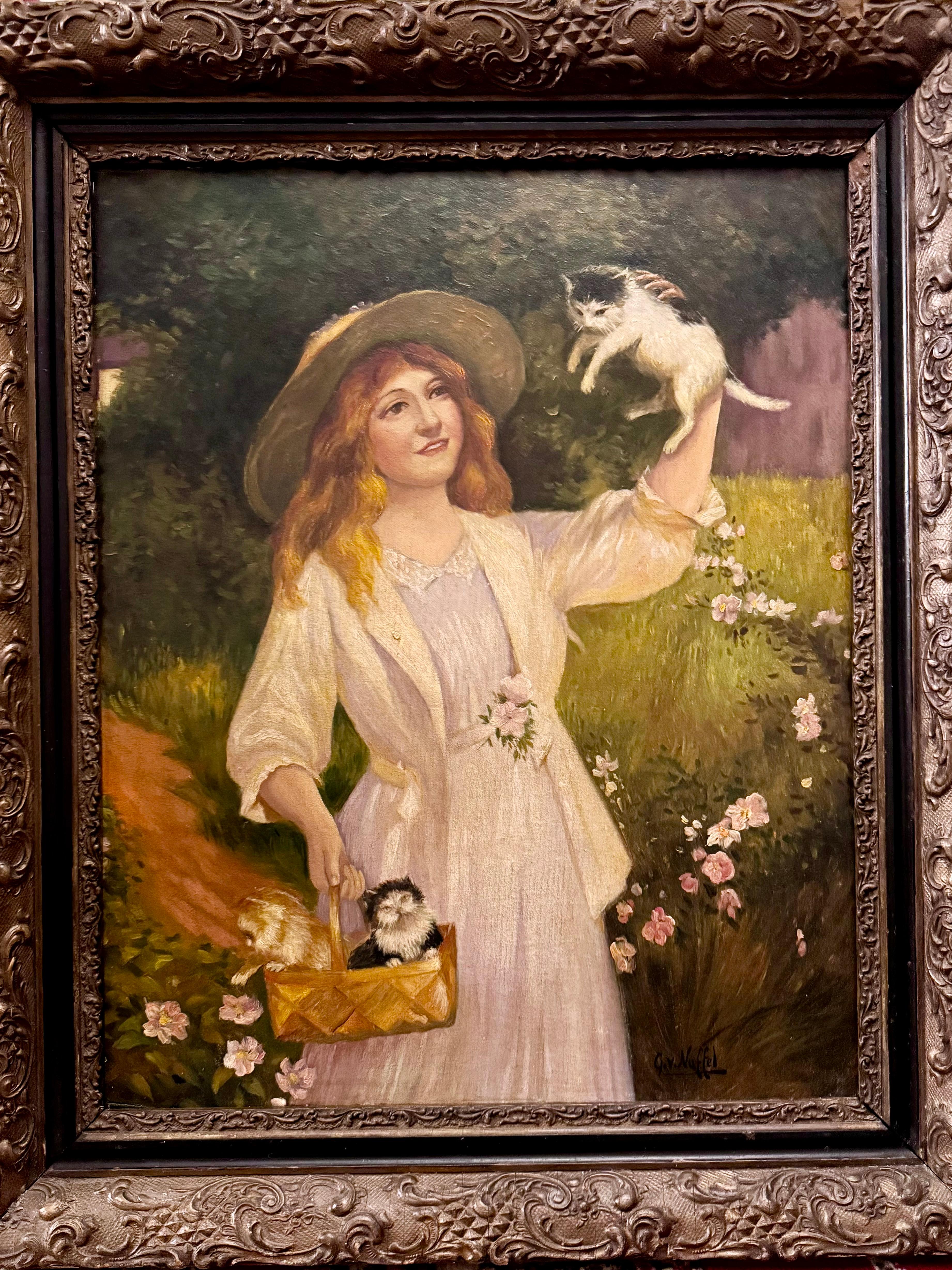 Jeune femme avec un panier de chatons, journée d'été, 19e siècle en vente 9