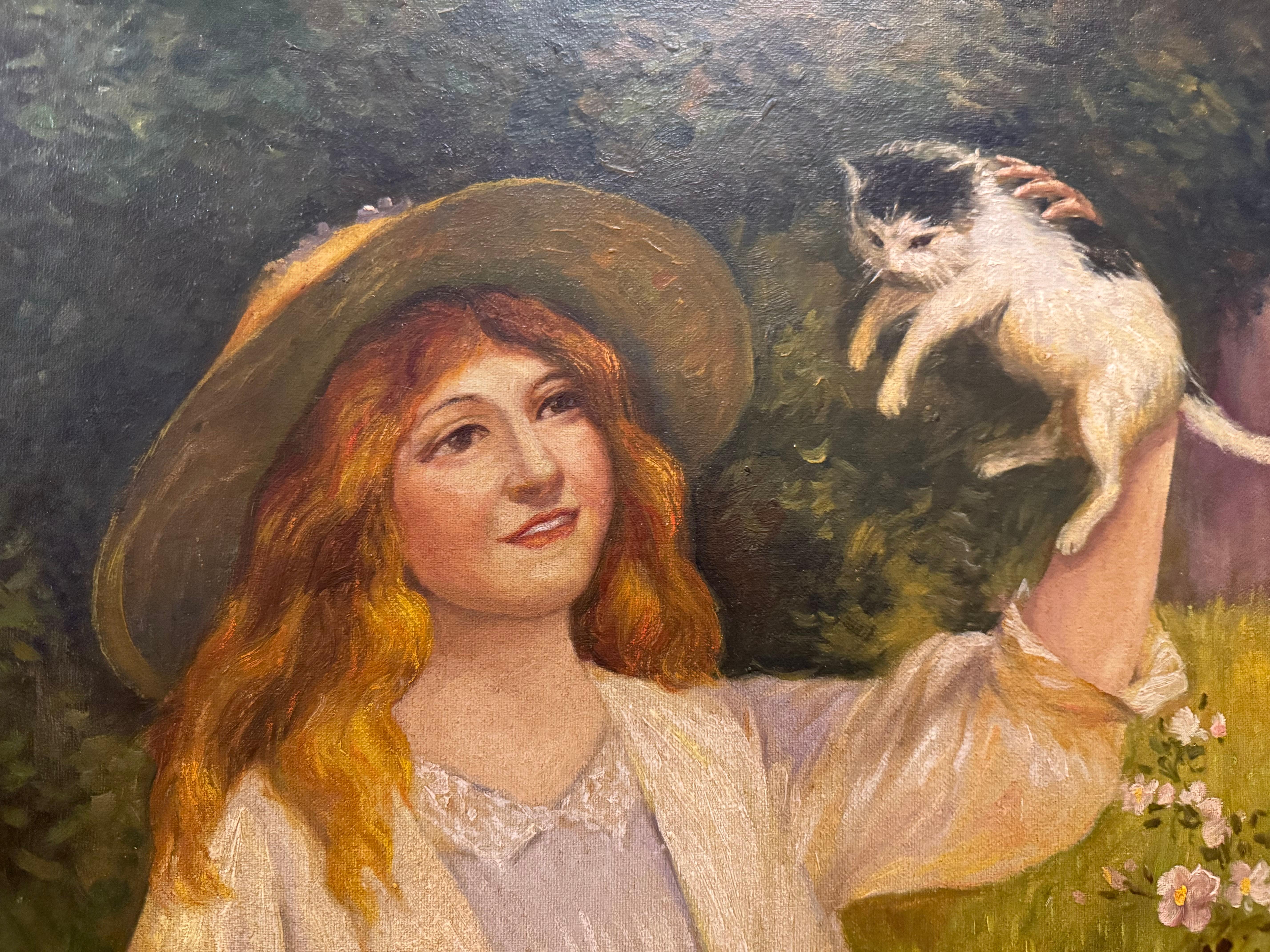 Jeune femme avec un panier de chatons, journée d'été, 19e siècle - Painting de George Van Nuffel