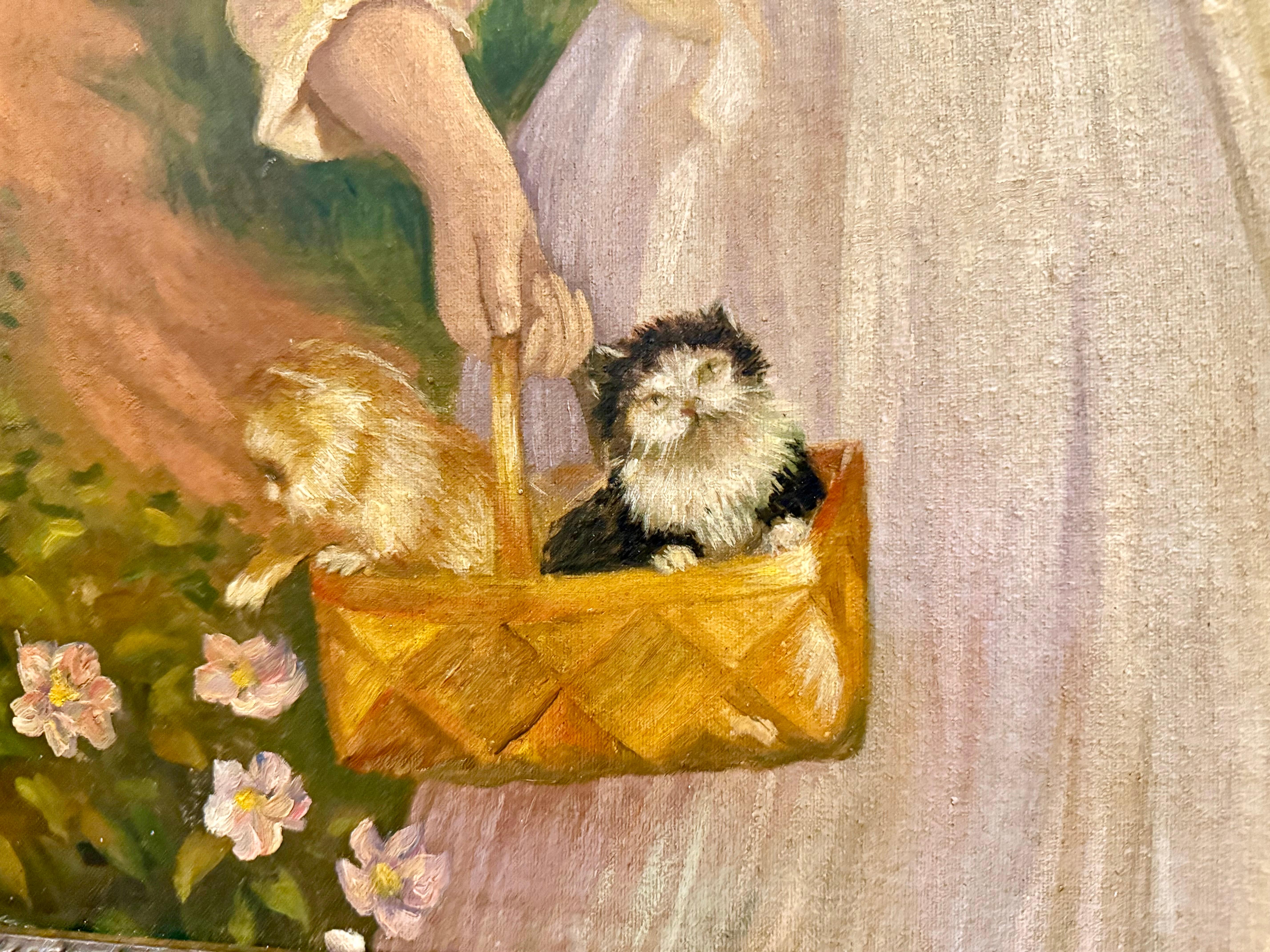 Jeune femme avec un panier de chatons, journée d'été, 19e siècle - Marron Animal Painting par George Van Nuffel