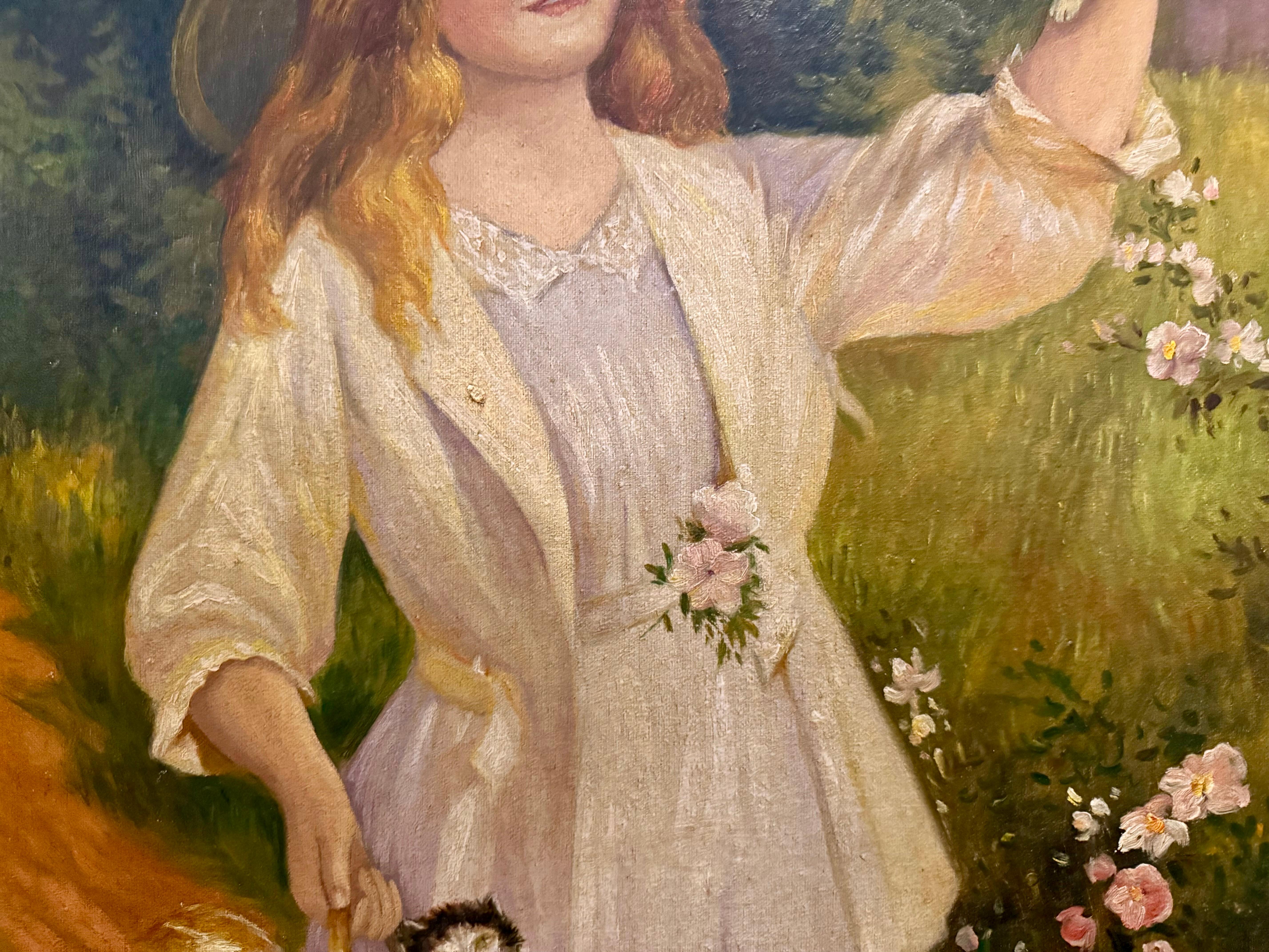 Jeune femme avec un panier de chatons, journée d'été, 19e siècle en vente 1