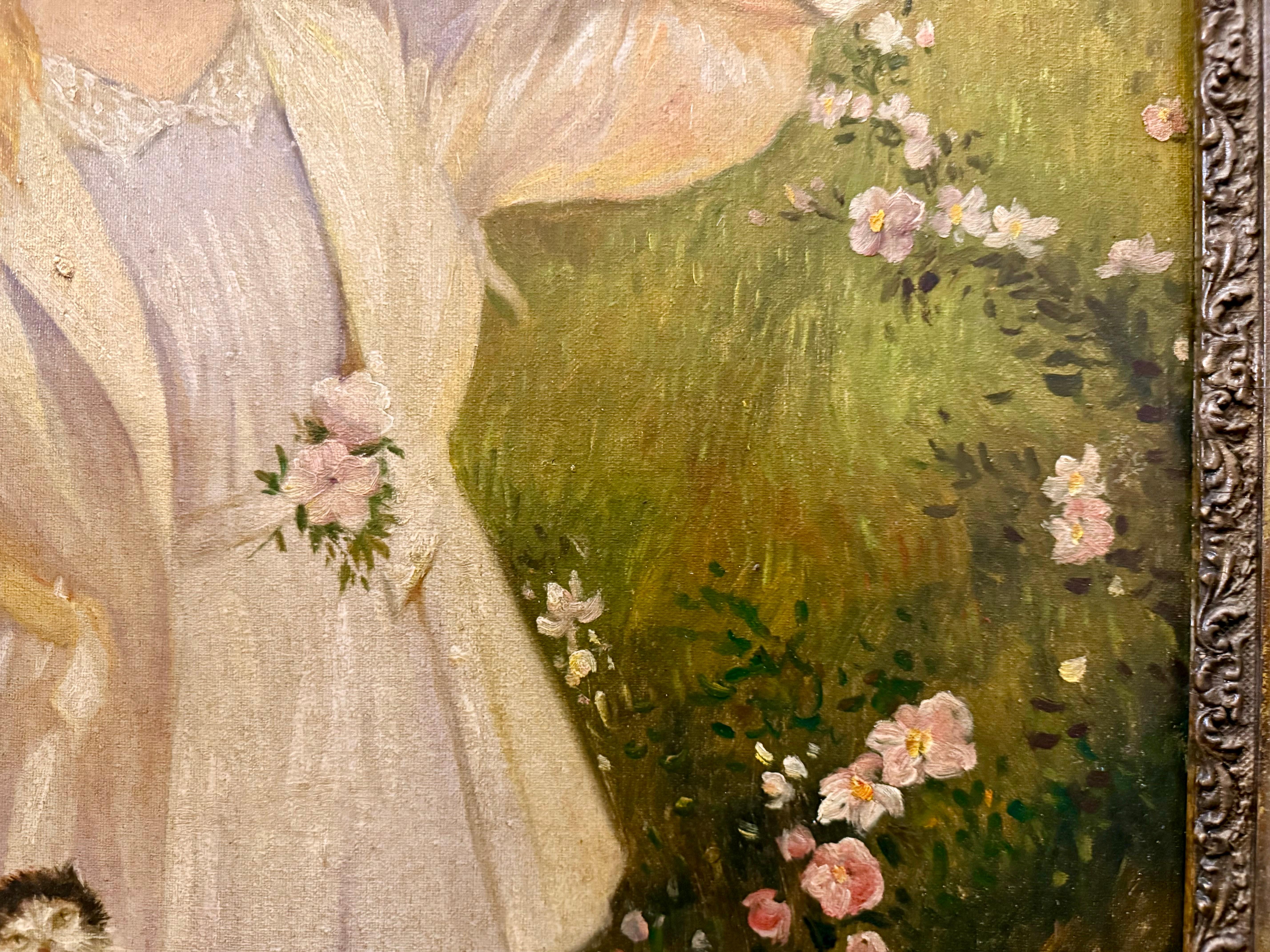 Jeune femme avec un panier de chatons, journée d'été, 19e siècle en vente 2