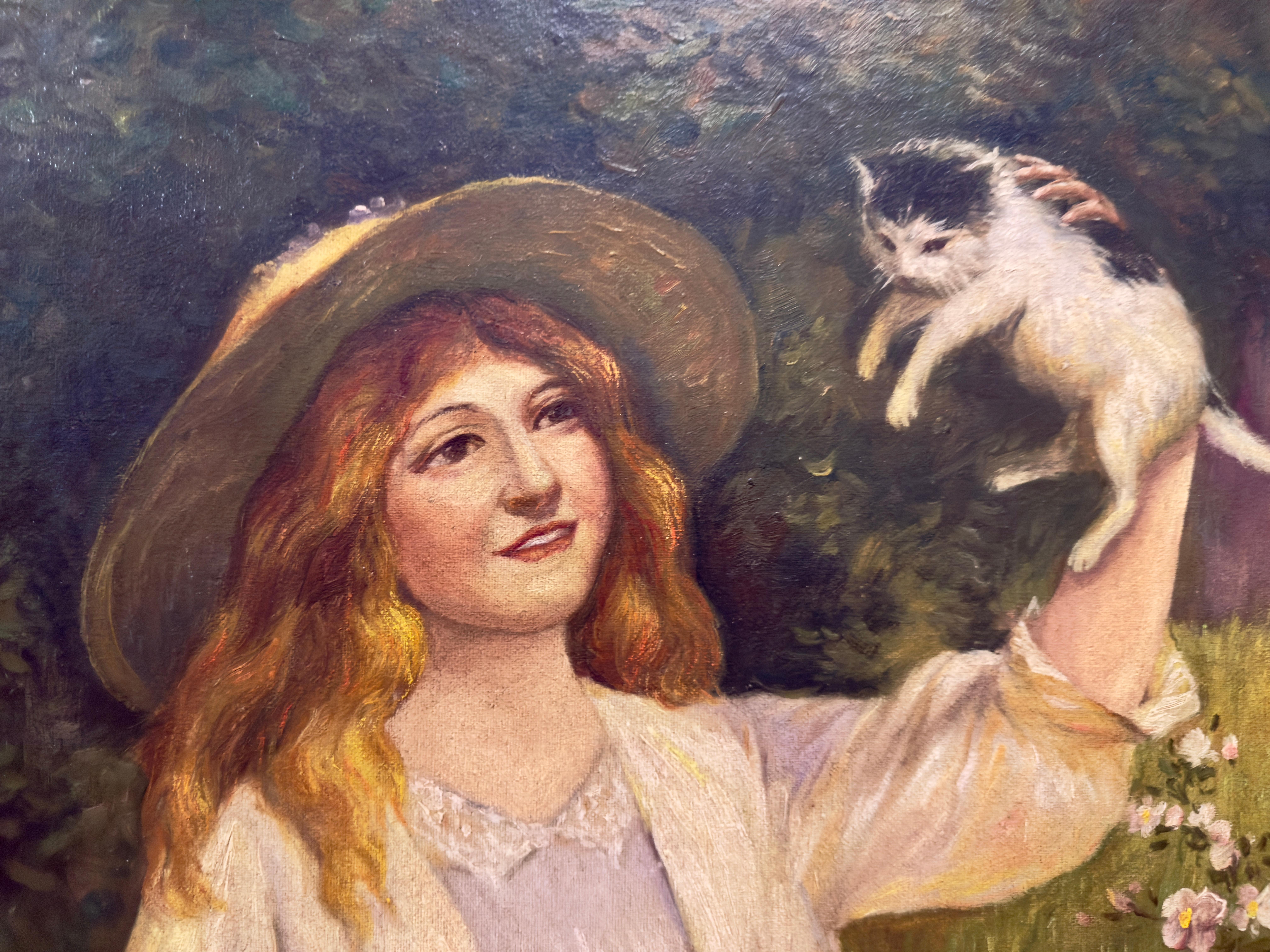 Jeune femme avec un panier de chatons, journée d'été, 19e siècle en vente 3