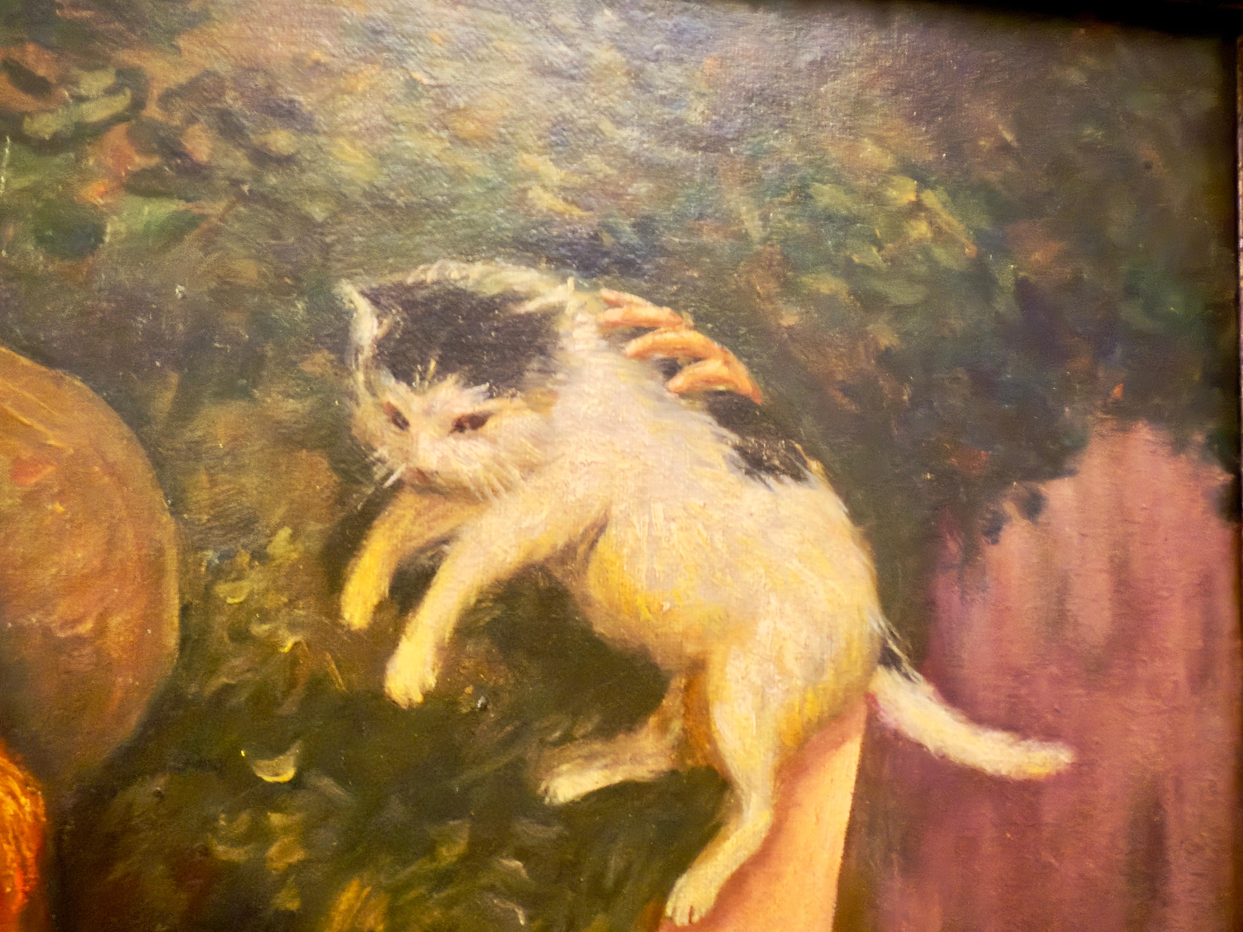 Jeune femme avec un panier de chatons, journée d'été, 19e siècle en vente 4