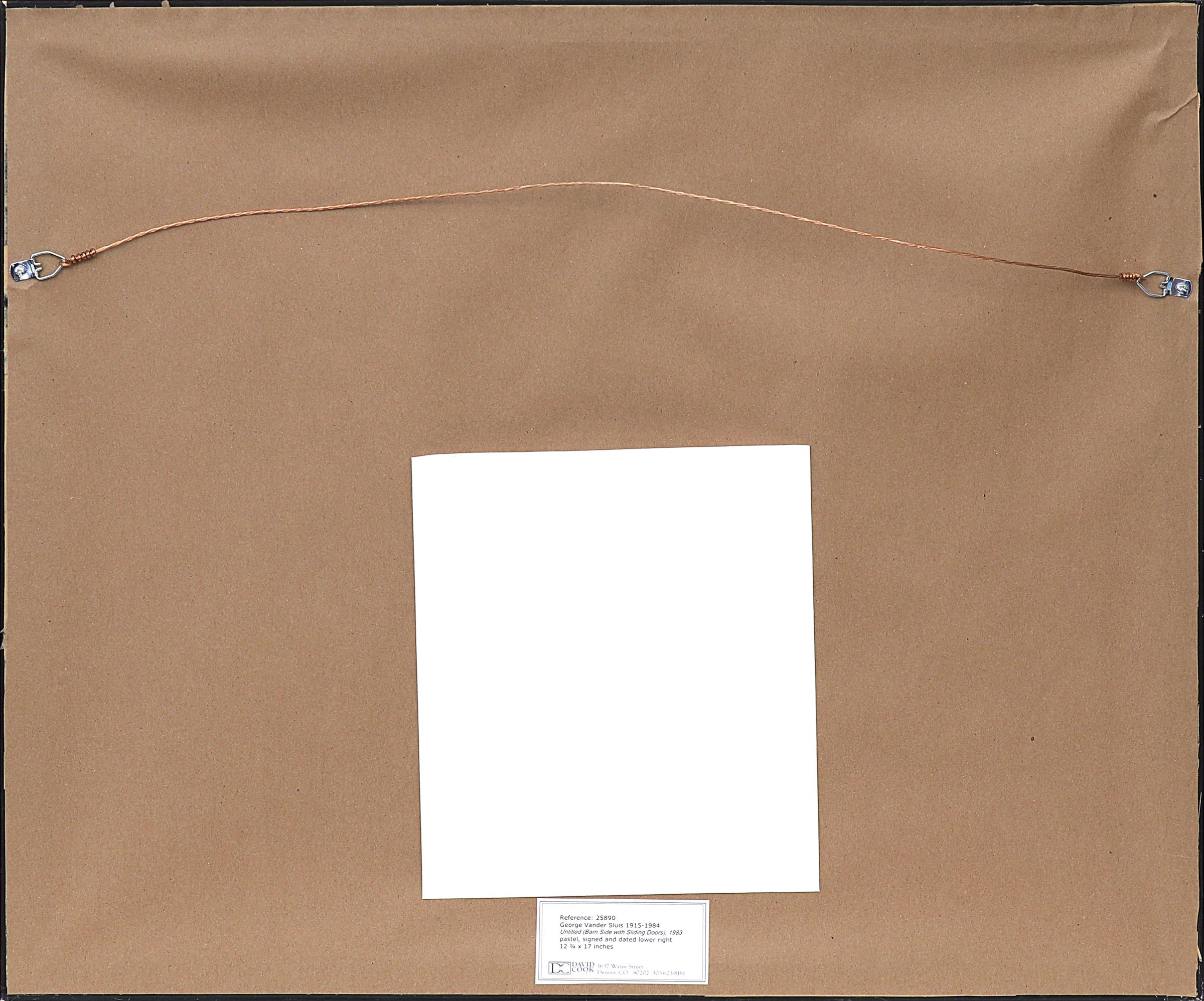 Ölstick-Zeichnung der amerikanischen Moderne, grauer Scheun mit roten Schiebetüren, Landschaft im Angebot 6