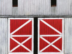 Paisaje al óleo de George Vander Sluis - Granero con puertas correderas rojas, S. XX