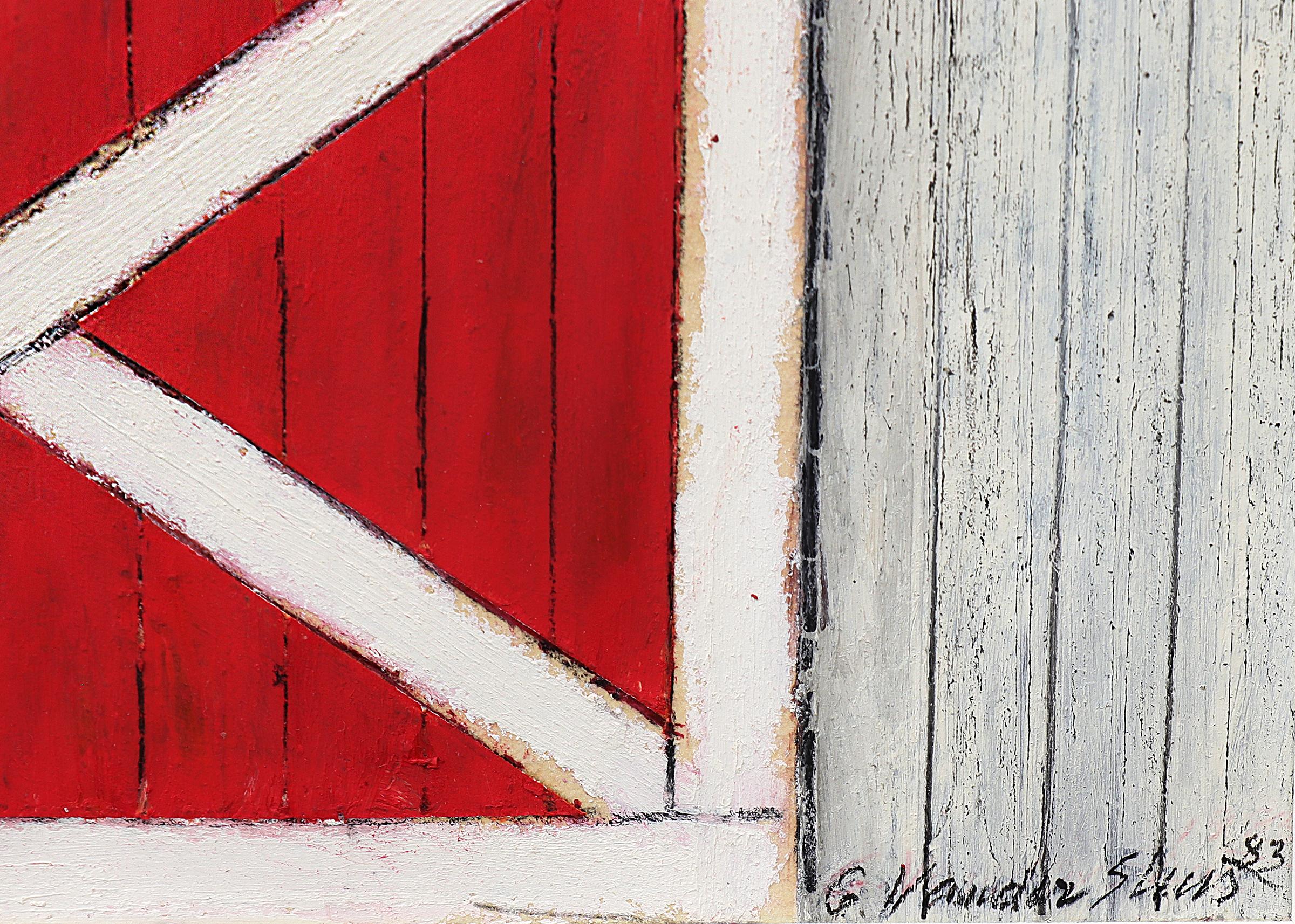 Ölstick-Zeichnung der amerikanischen Moderne, grauer Scheun mit roten Schiebetüren, Landschaft (Amerikanische Moderne), Painting, von George Vander Sluis