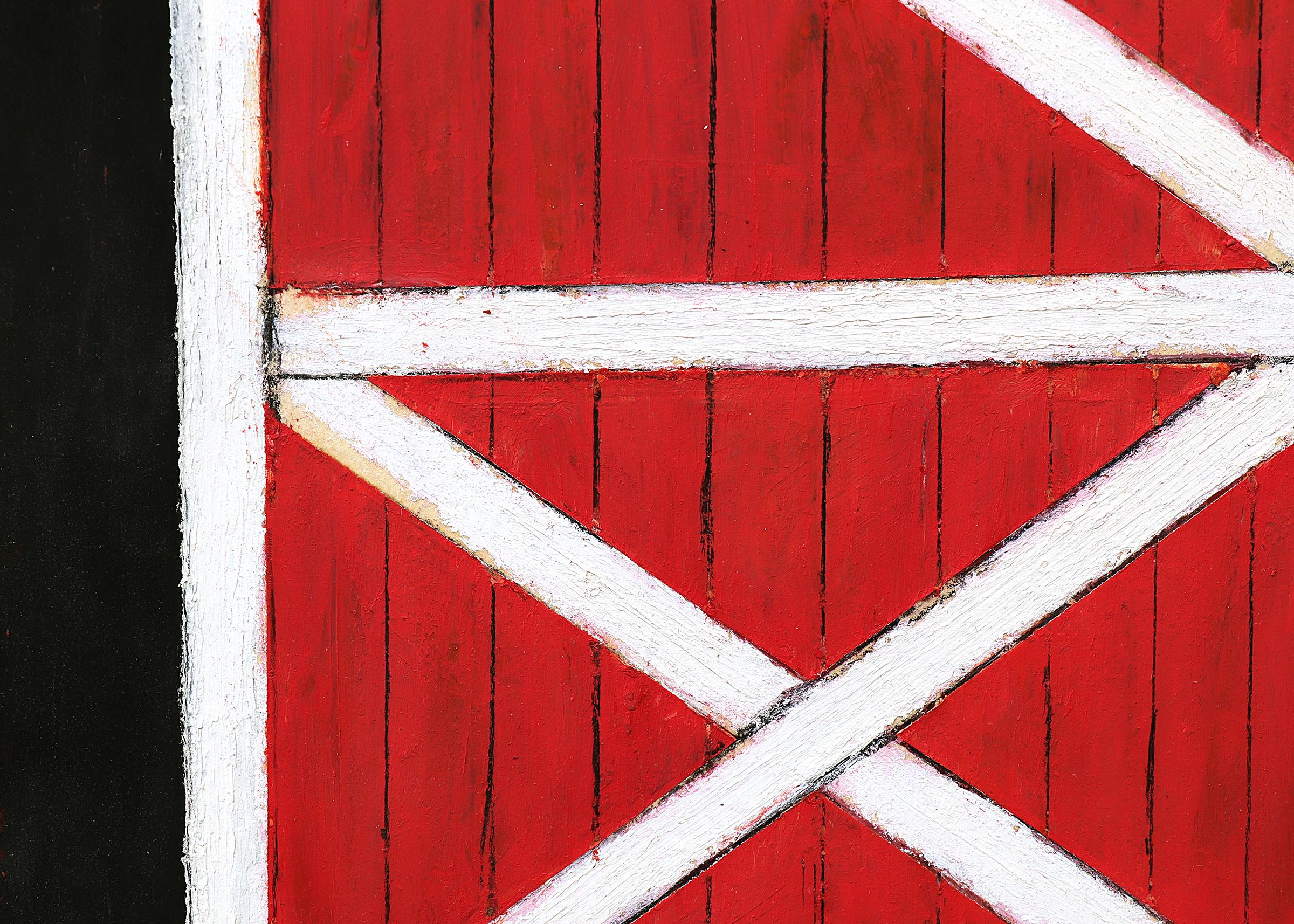 Ölstick-Zeichnung der amerikanischen Moderne, grauer Scheun mit roten Schiebetüren, Landschaft (Grau), Figurative Painting, von George Vander Sluis
