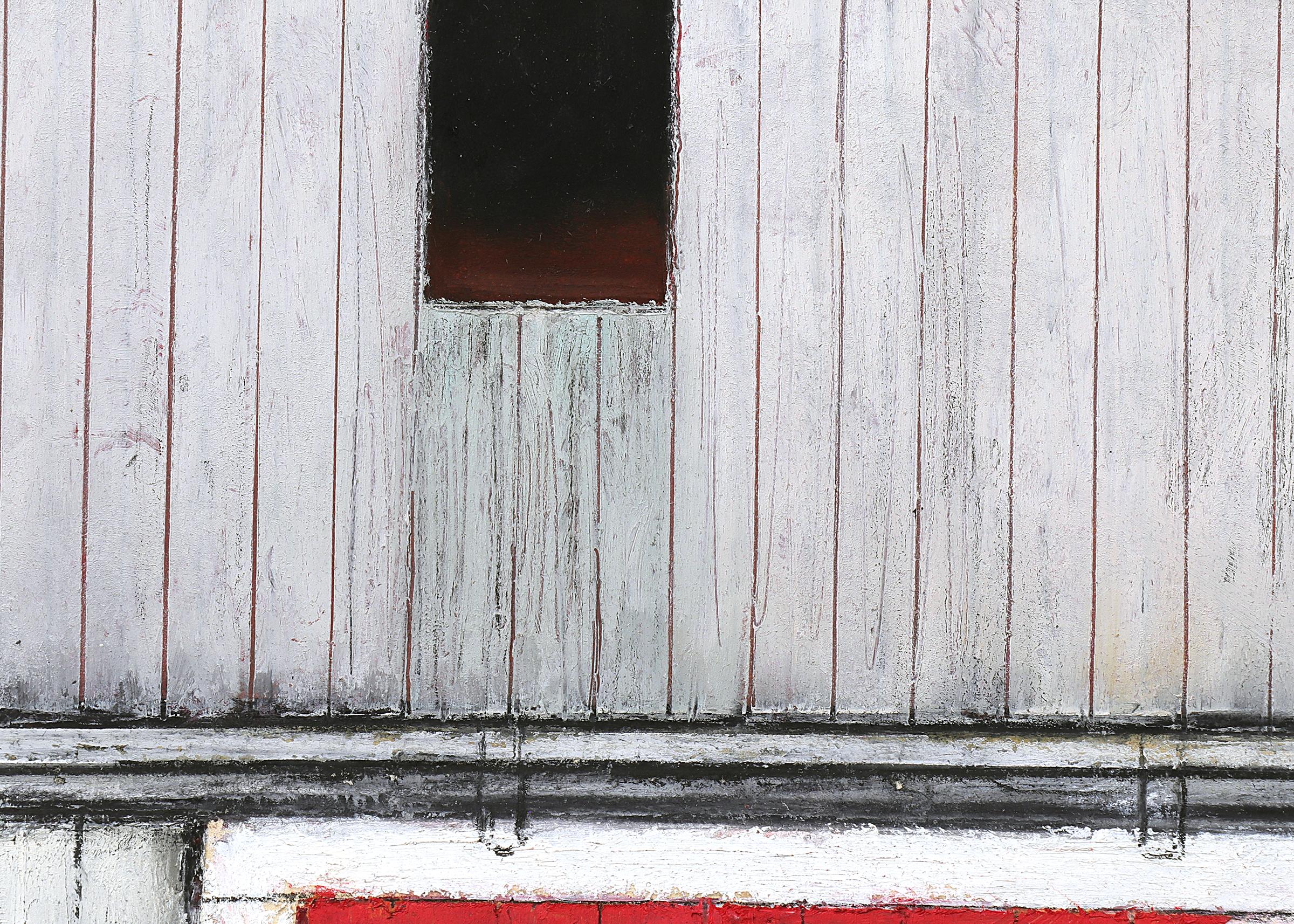 Ölstick-Zeichnung der amerikanischen Moderne, grauer Scheun mit roten Schiebetüren, Landschaft im Angebot 1