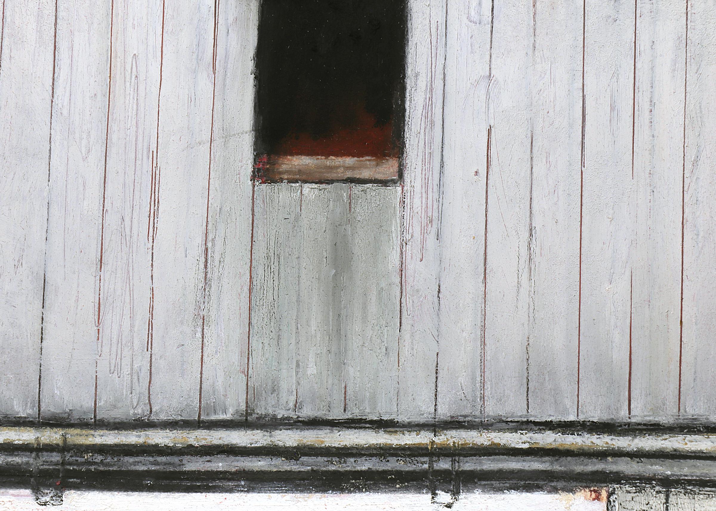 Ölstick-Zeichnung der amerikanischen Moderne, grauer Scheun mit roten Schiebetüren, Landschaft im Angebot 2