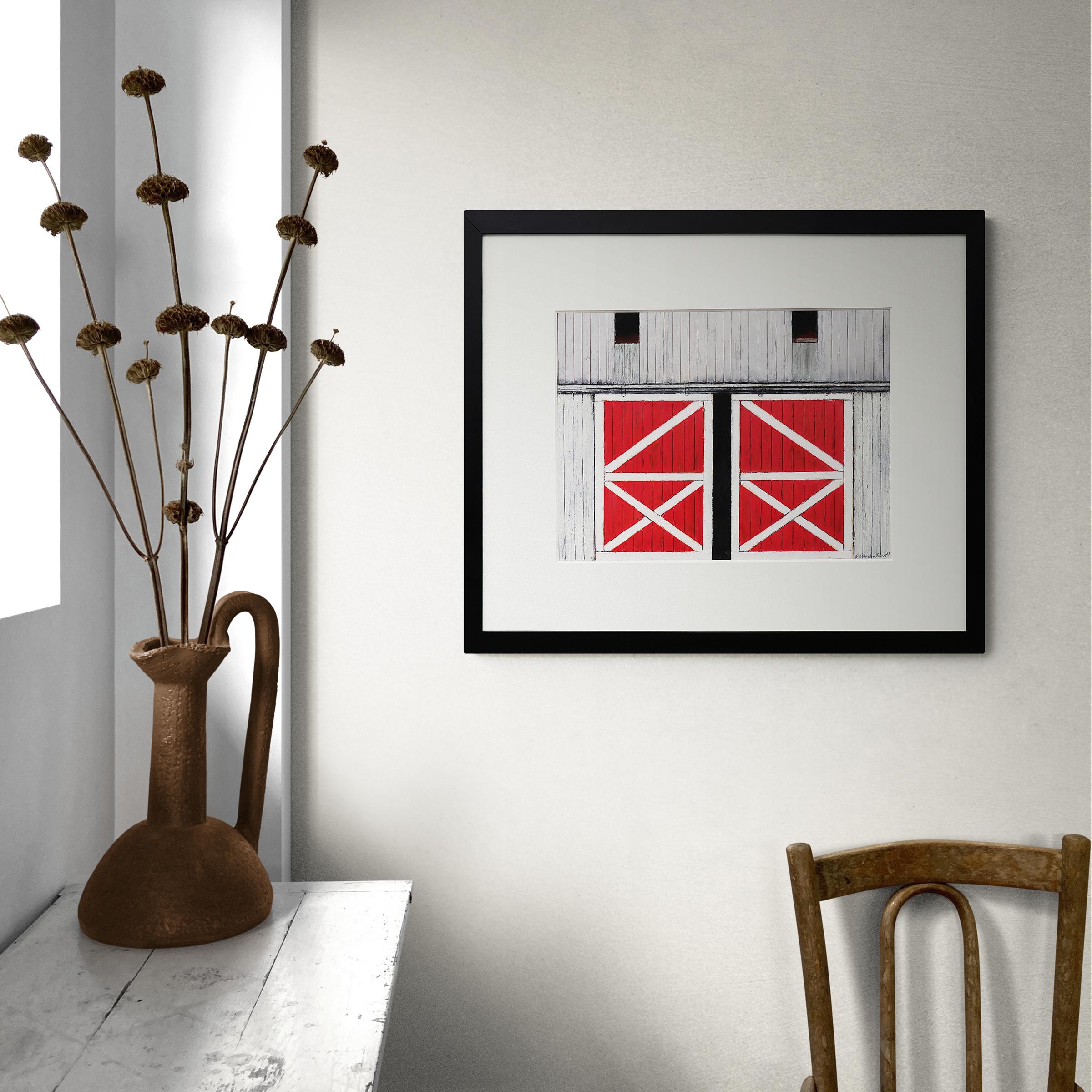 Ölstick-Zeichnung der amerikanischen Moderne, grauer Scheun mit roten Schiebetüren, Landschaft im Angebot 3