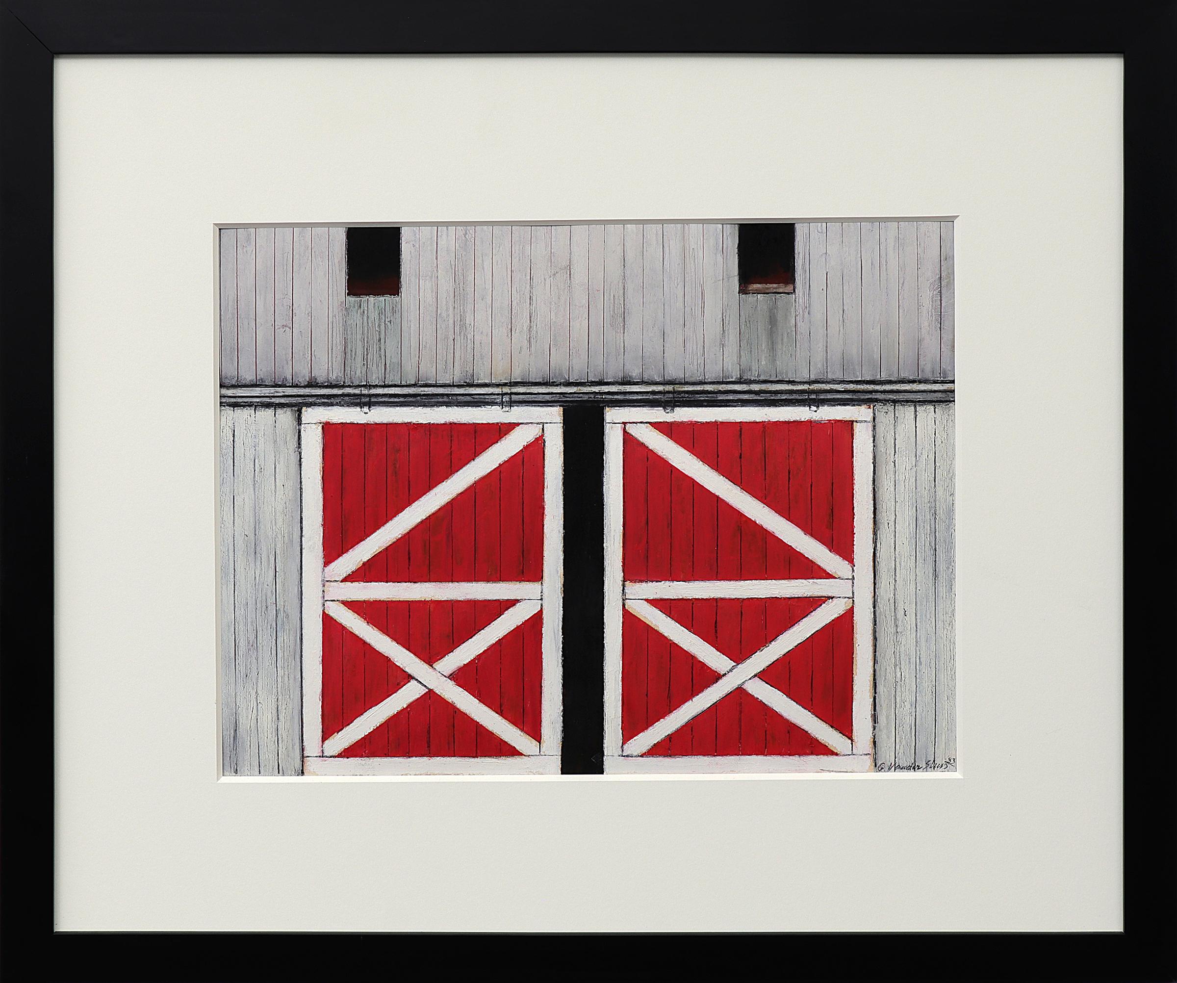 American Modernist Oil Stick Drawing, Gray Barn With Red Sliding Doors Landscape