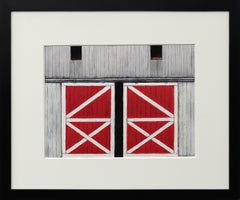 Vintage American Modernist Oil Stick Drawing, Gray Barn With Red Sliding Doors Landscape