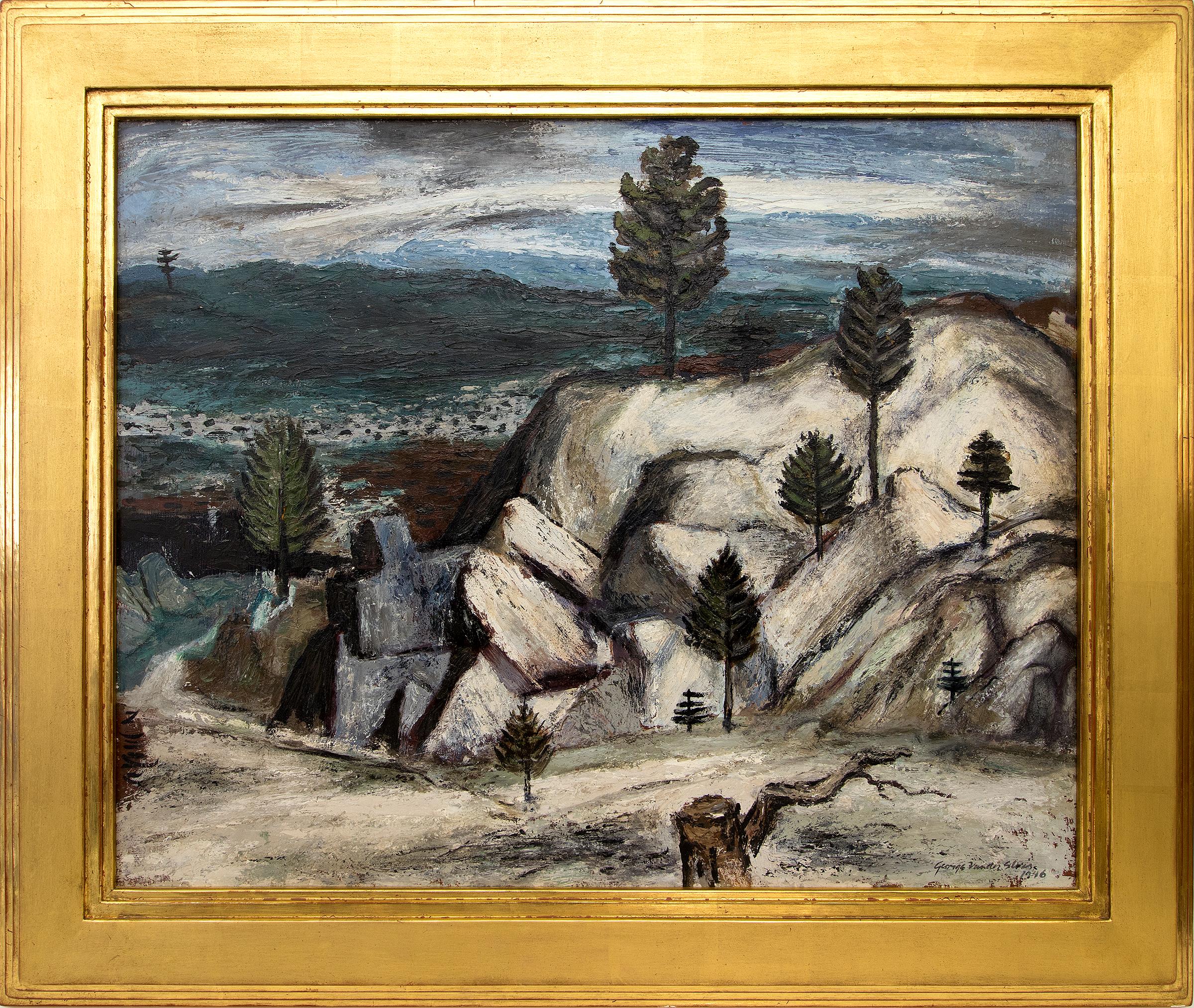 George Vander Sluis Landscape Painting - Colorado Winter Landscape Oil Painting of Rocks and Trees Over Valley with Snow