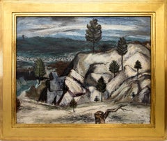 Vintage Colorado Winter Landscape Oil Painting of Rocks and Trees Over Valley with Snow