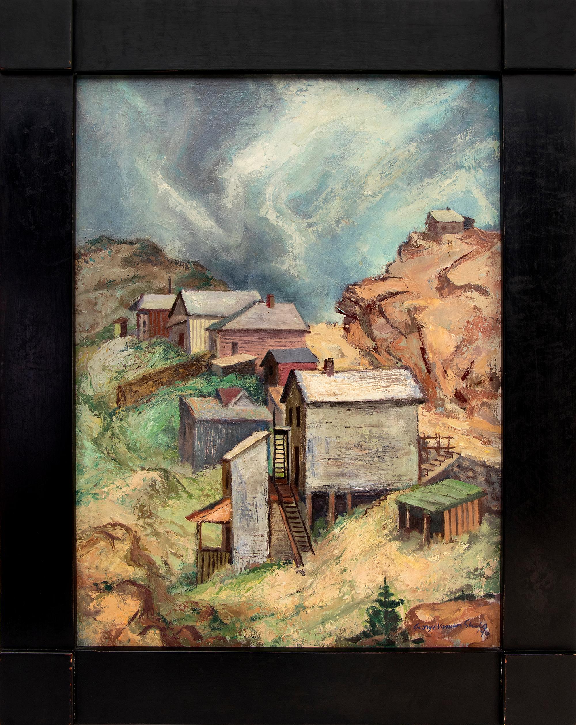 Storm Over Victor, Colorado – 1940s WPA Era Oil Painting of Mountain Town
