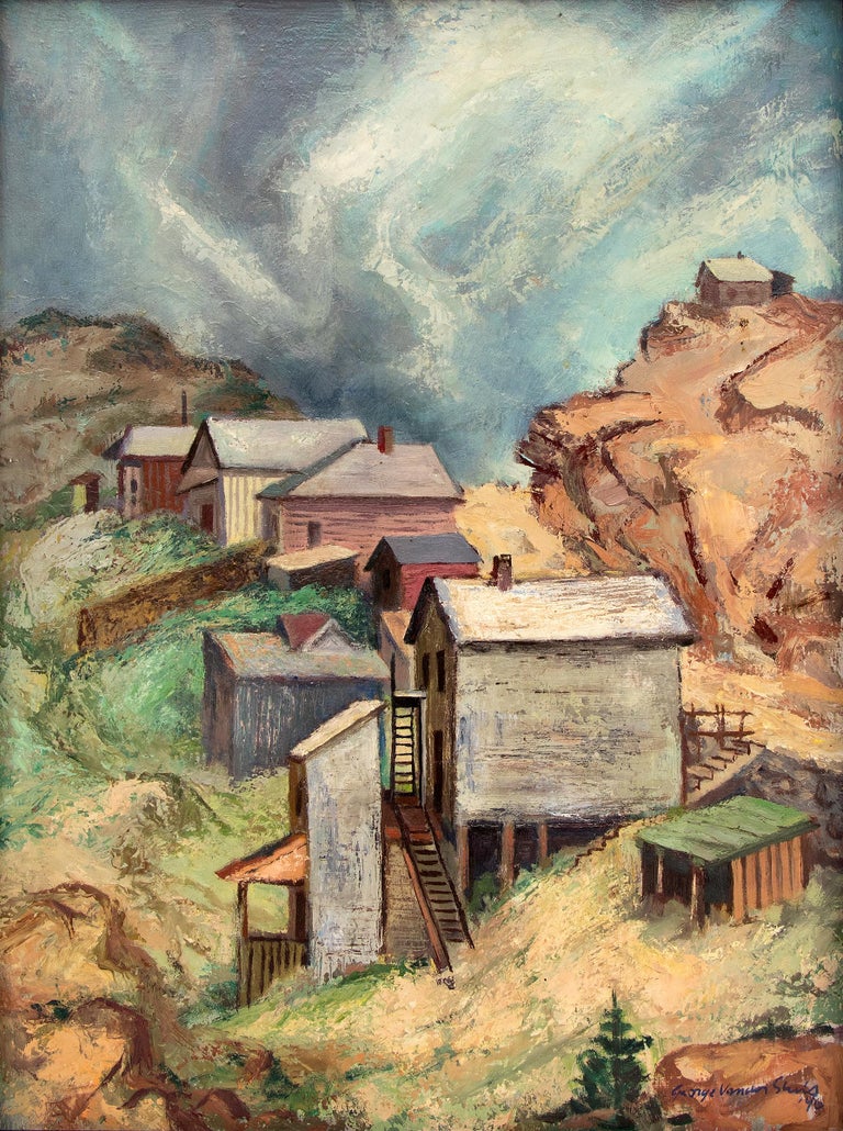 Storm Over Victor (Colorado Mountain Town), 1940s WPA Era Landscape Oil Painting - Black Landscape Painting by George Vander Sluis