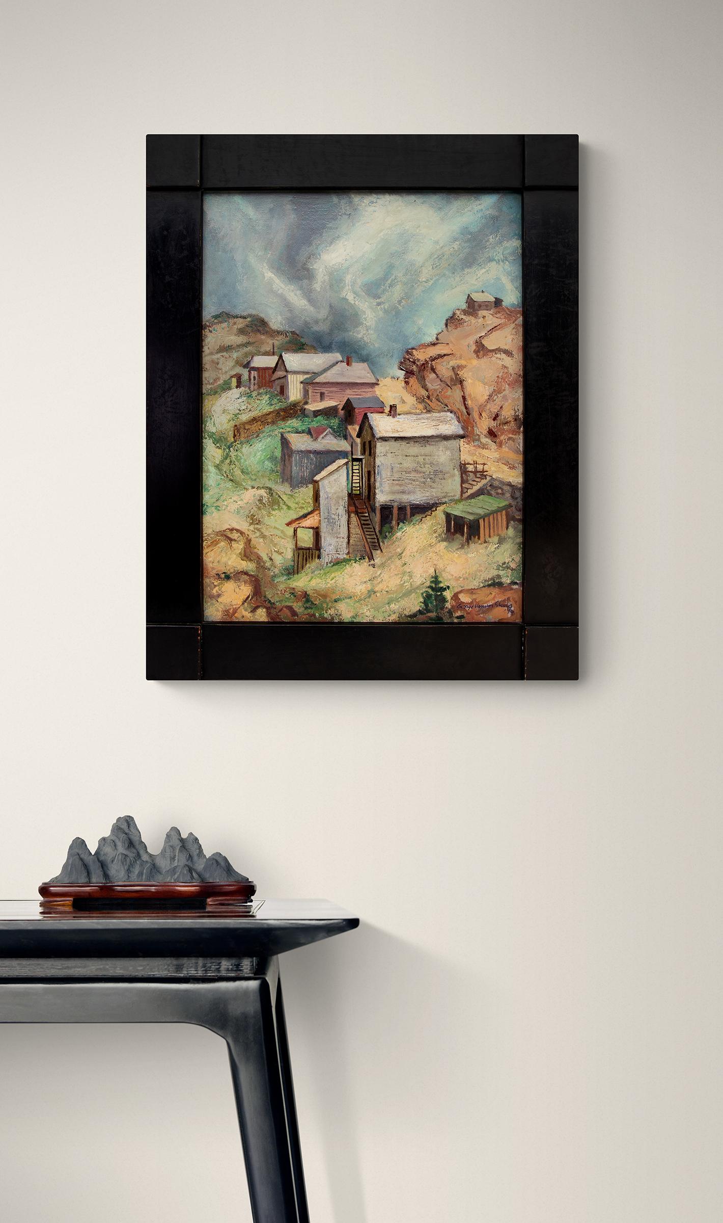 Storm Over Victor, Colorado – 1940s WPA Era Oil Painting of Mountain Town For Sale 9