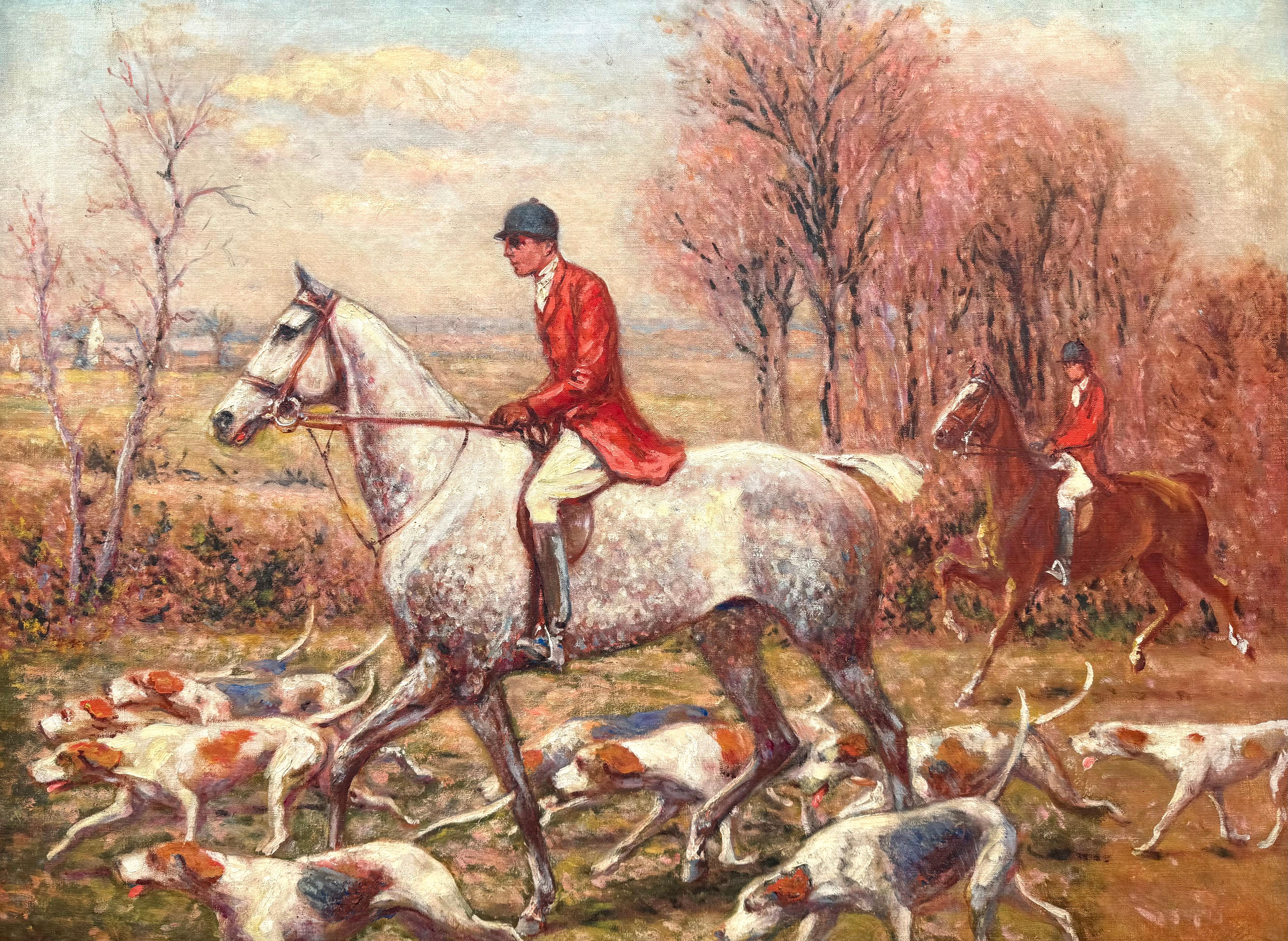 
George V. Curtis (1859-1943) British/American, 1932 Hunting Scene Oil on Canvas. Depicts two riders on horseback surrounded by hunting dogs on the prowl, with a quaint village in the distance. Signed bottom right. Paper taped to the back of the