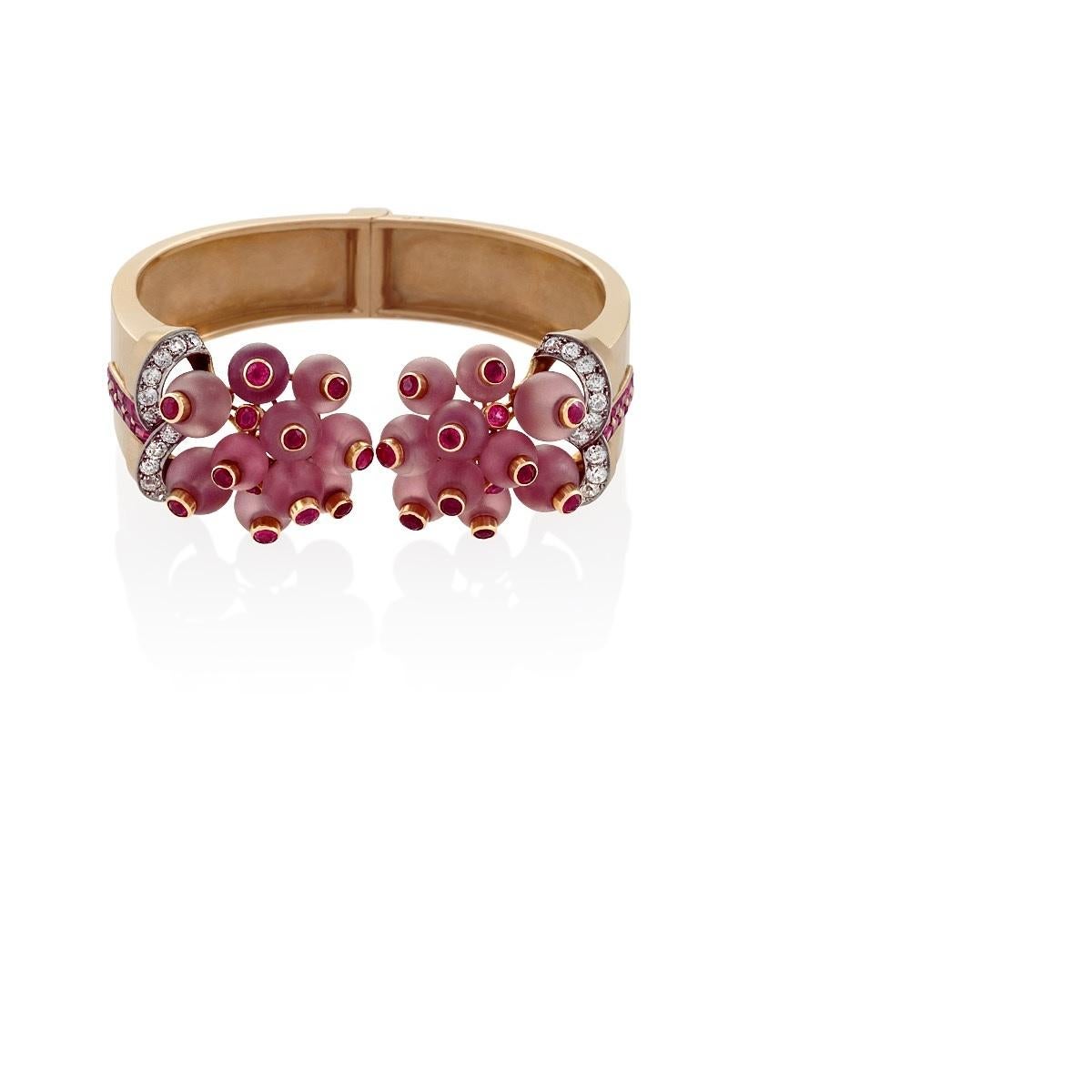 Old Mine Cut Georges Verger Rose Quartz and Ruby Cuff  For Sale