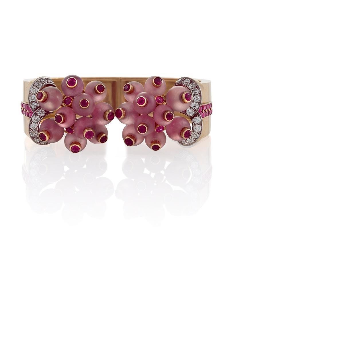 Georges Verger Rose Quartz and Ruby Cuff  In Excellent Condition For Sale In New York, NY