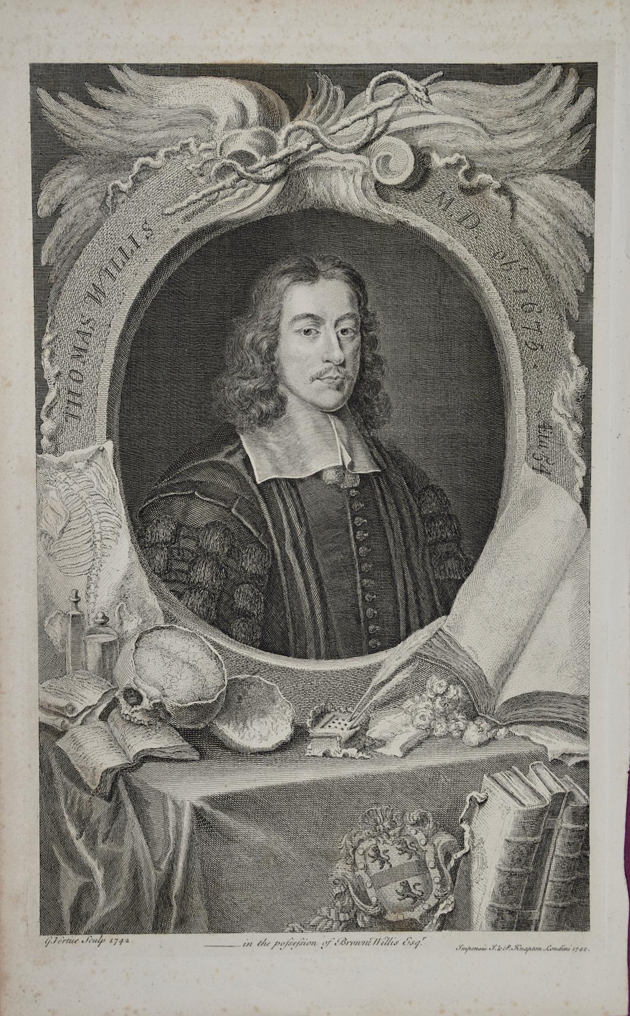 George Vertue Portrait Print - Thomas Willis, MD, 17th C. Pioneer of Neurology & Psychiatry: 18th C. Portrait