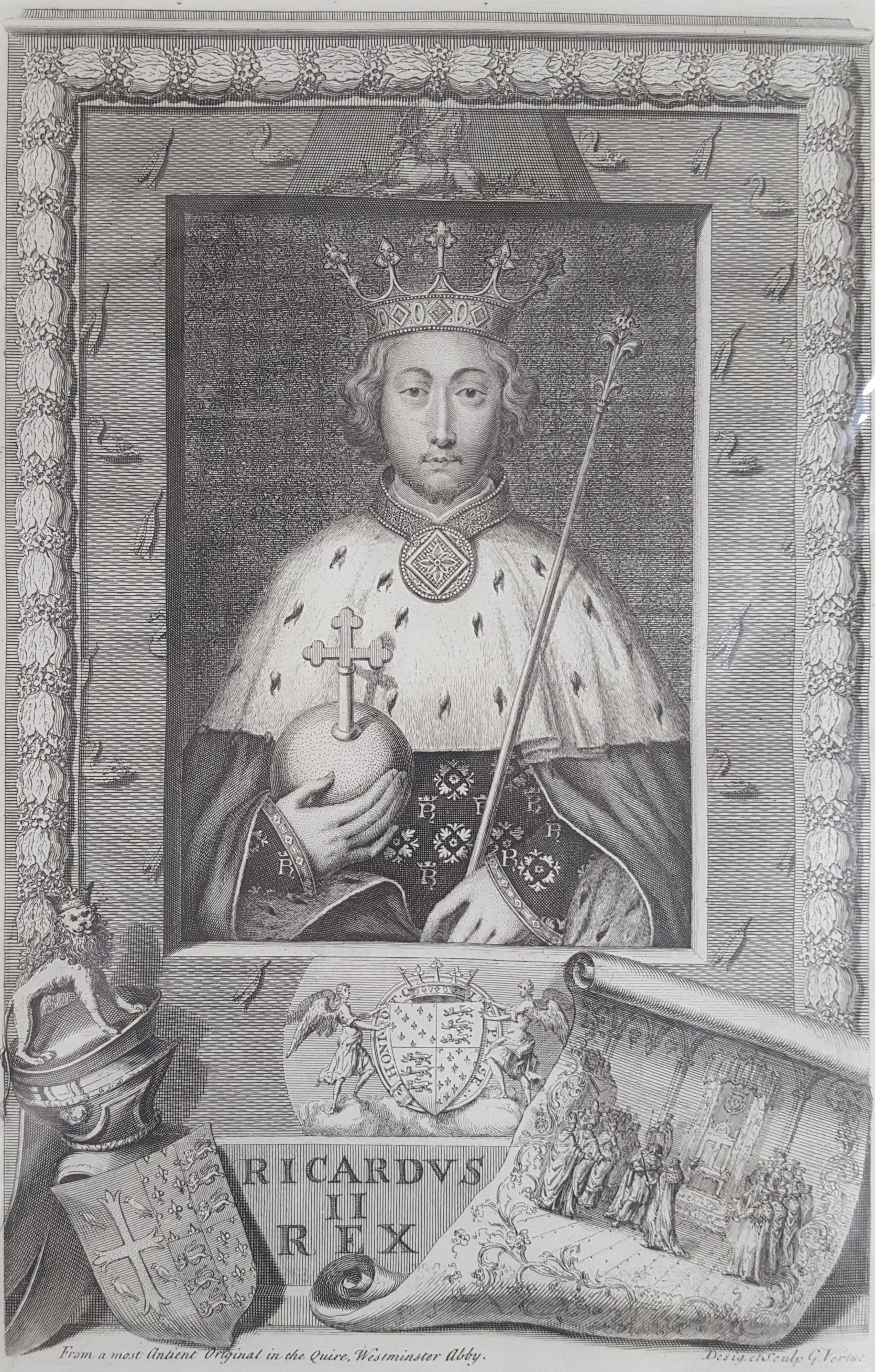 George Vertue Portrait Print - King Richard II /// Old Masters British Royal Family Portrait Engraving Art